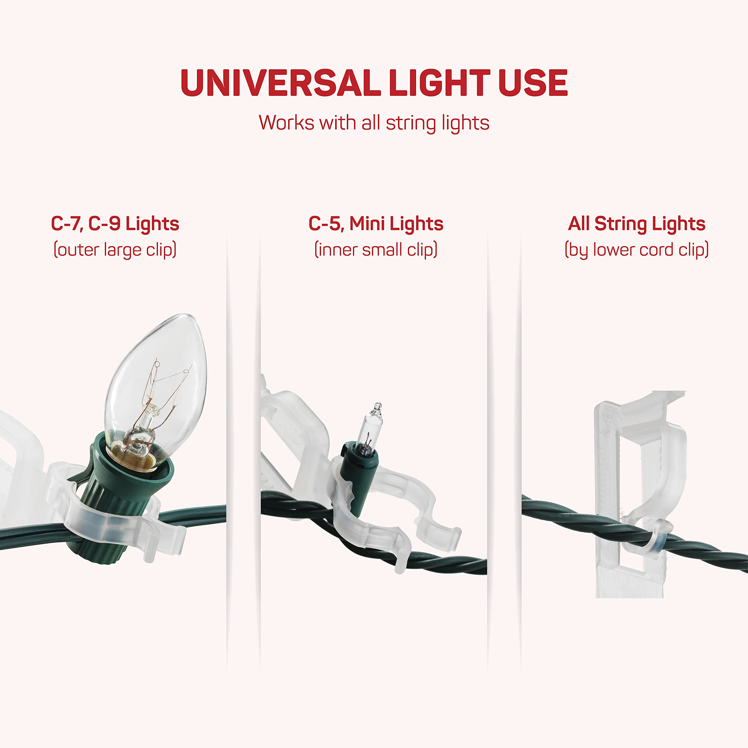 SEWANTA Holiday Light Clips Christmas Light Clips for gutters and Shingles. All-Application Outdoor Light Clips, Work with C7, C9, Mini, Icicle Lights. No Tools Required - USA Made  - Like New