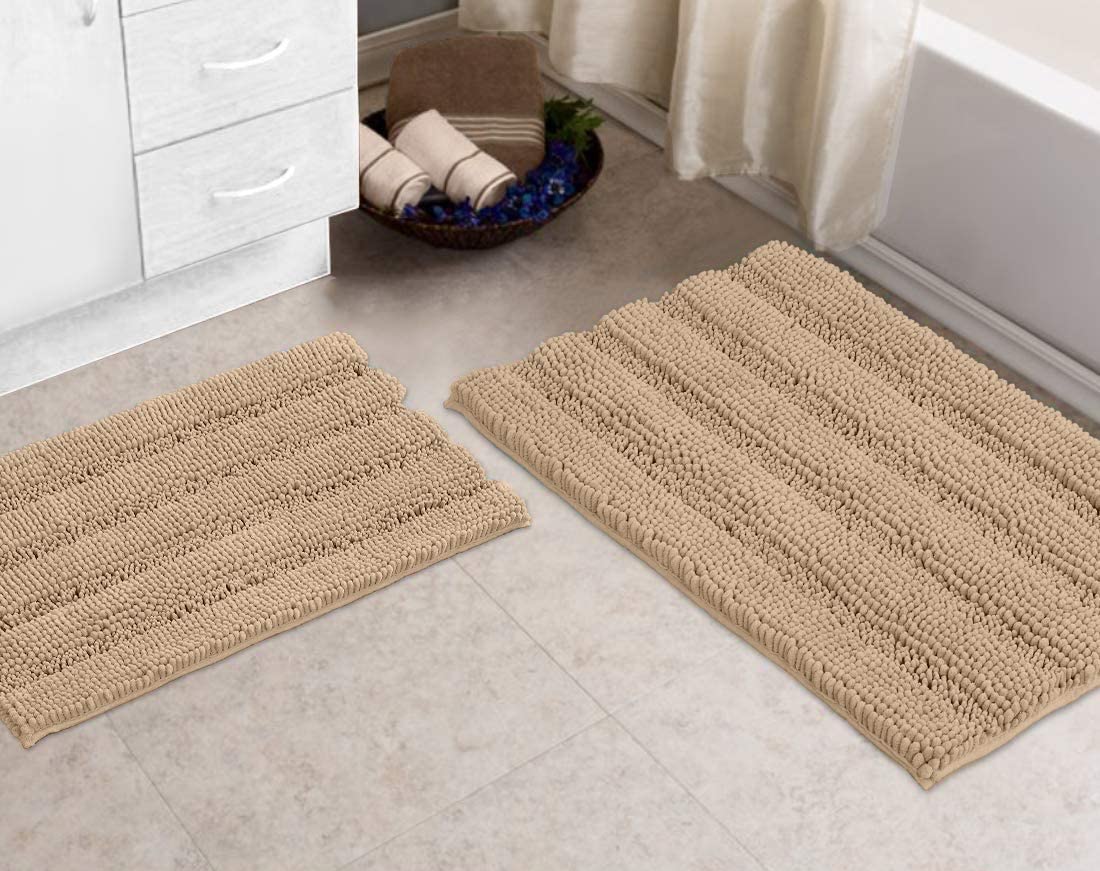 Zebrux Brown Bathroom Rugs Non Slip Thick Shaggy Chenille, Bath Mats for Bathroom Extra Soft and Absorbent - Striped Bath Rugs Set for Indoor/Kitchen  - Acceptable