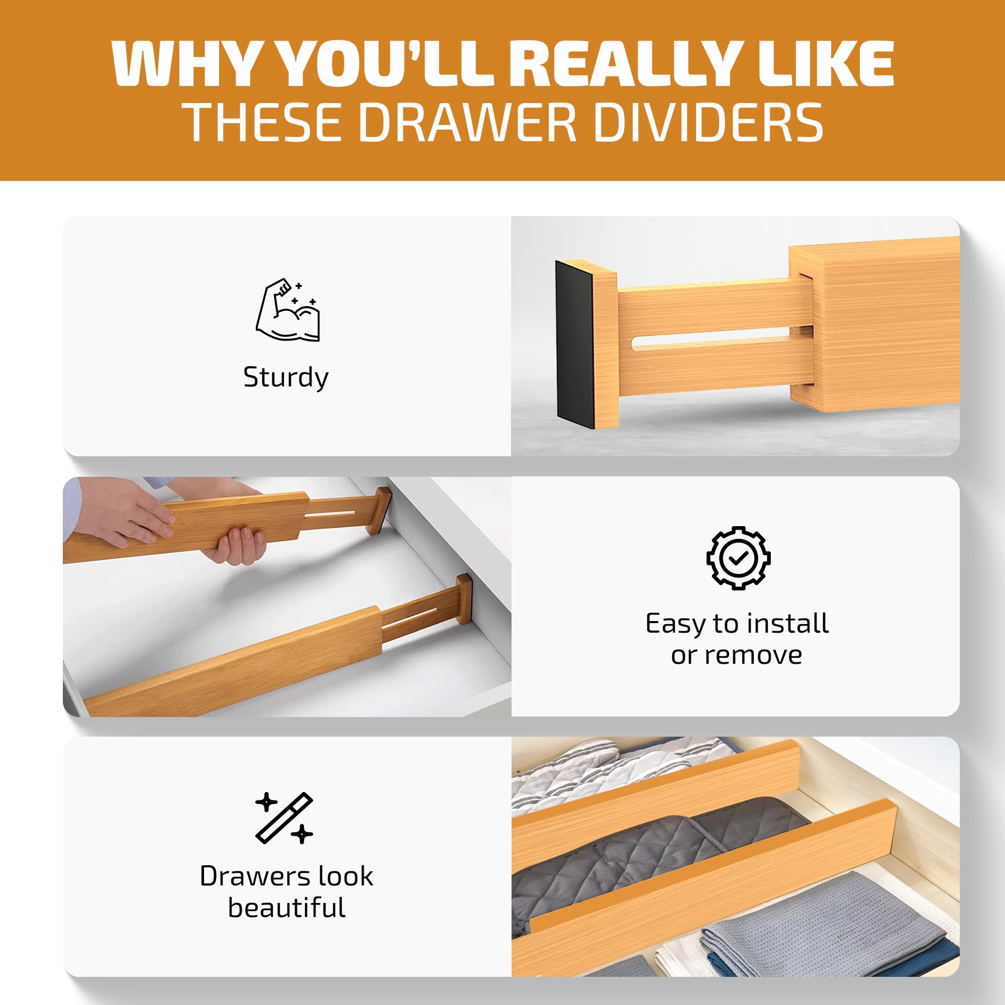 Bambüsi Adjustable Drawer Dividers - Expandable 12.5" to 17.3" - Drawer Organizer for Kitchen, Dresser, Bedroom, Bathroom, Clothes Drawer Divider Separators, 4-Pack  - Very Good