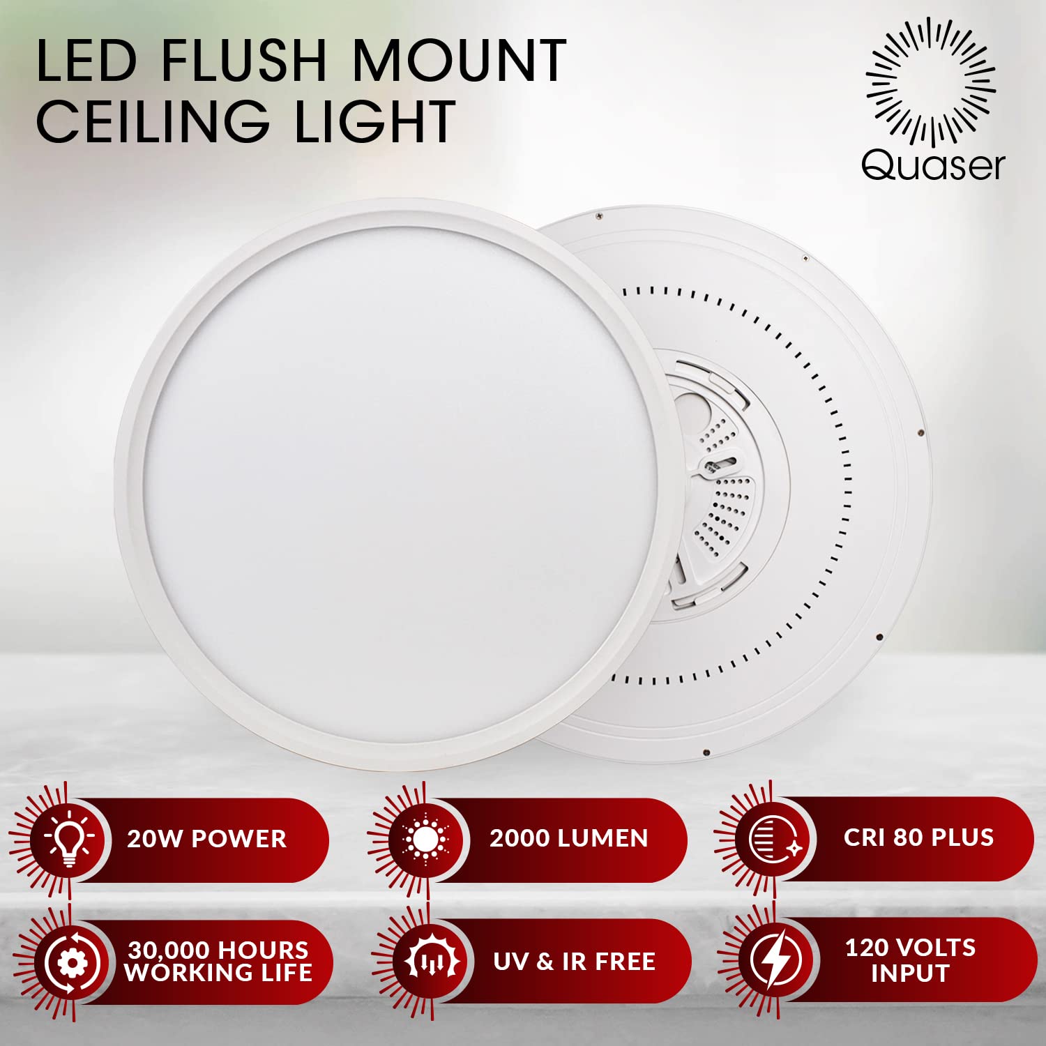 Quaser LED Flush Mount Ceiling Light Fixture,12inch with 5 Different Color Temperatures Low-Profile Round LED Ceiling Light 2000 Lumen 120 Volt, Light Fixture for Hallway, Bedroom, Bathroom-White  - Like New