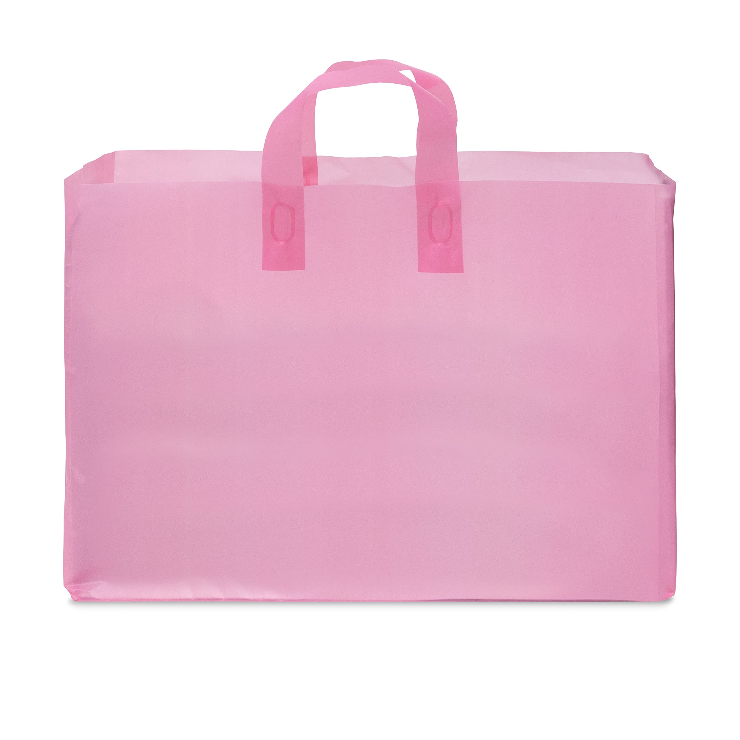 Pink Gift Bags - 100 Pack Large Clear Frosted Rose Plastic Plastic Bags with Handles & Cardboard Bottom, Shopping Bags for Small Business, Boutique, Retail, Merchandise, Take Out Bags, Bulk - 16x6x12