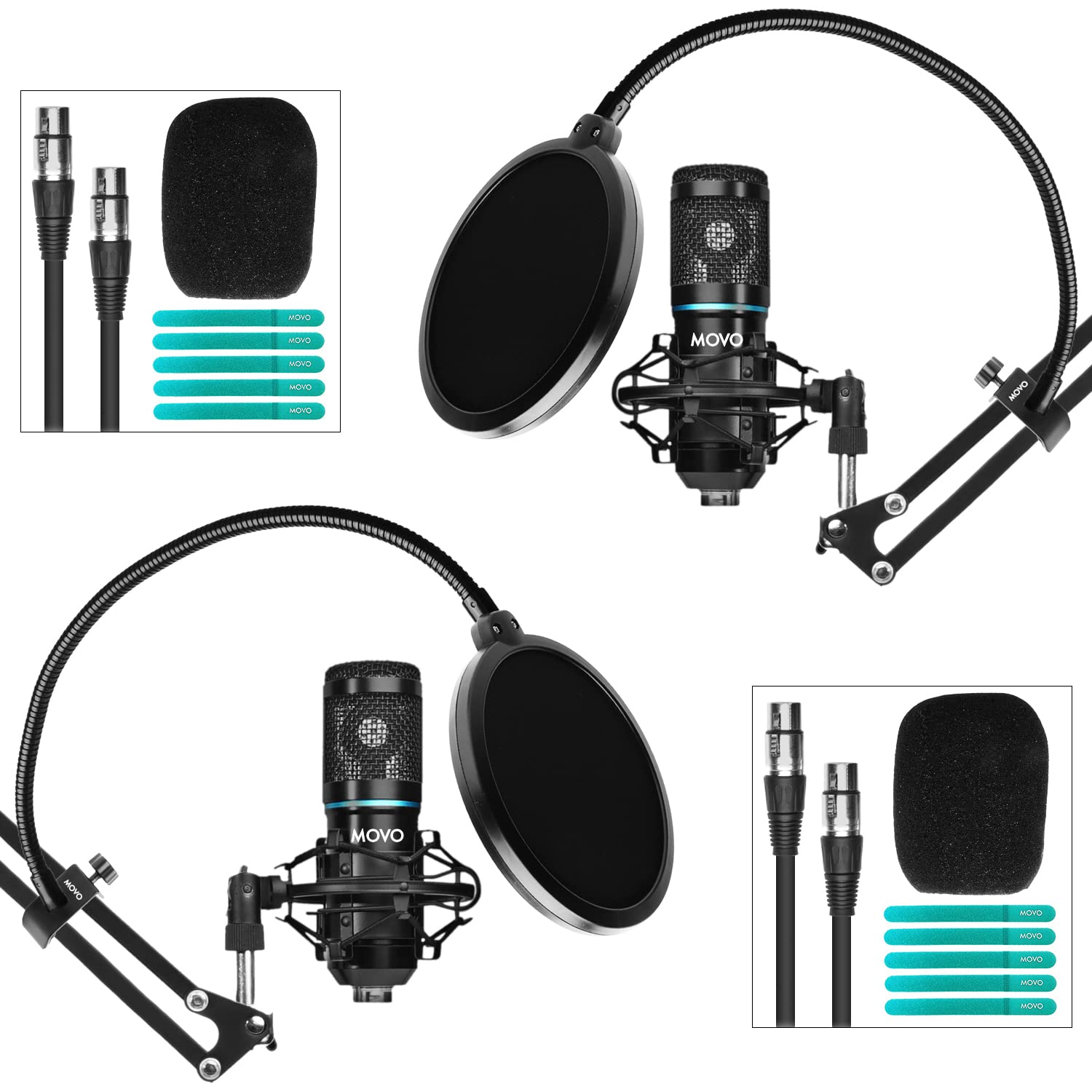 Movo PodPak2A 2-Pack Universal Cardioid Condenser Microphone Kit with Articulating Scissor Arm Mic Stand, Shock Mount, and Gooseneck Pop Filter - Podcast Equipment Set for YouTube, Podcast, Streaming  - Like New