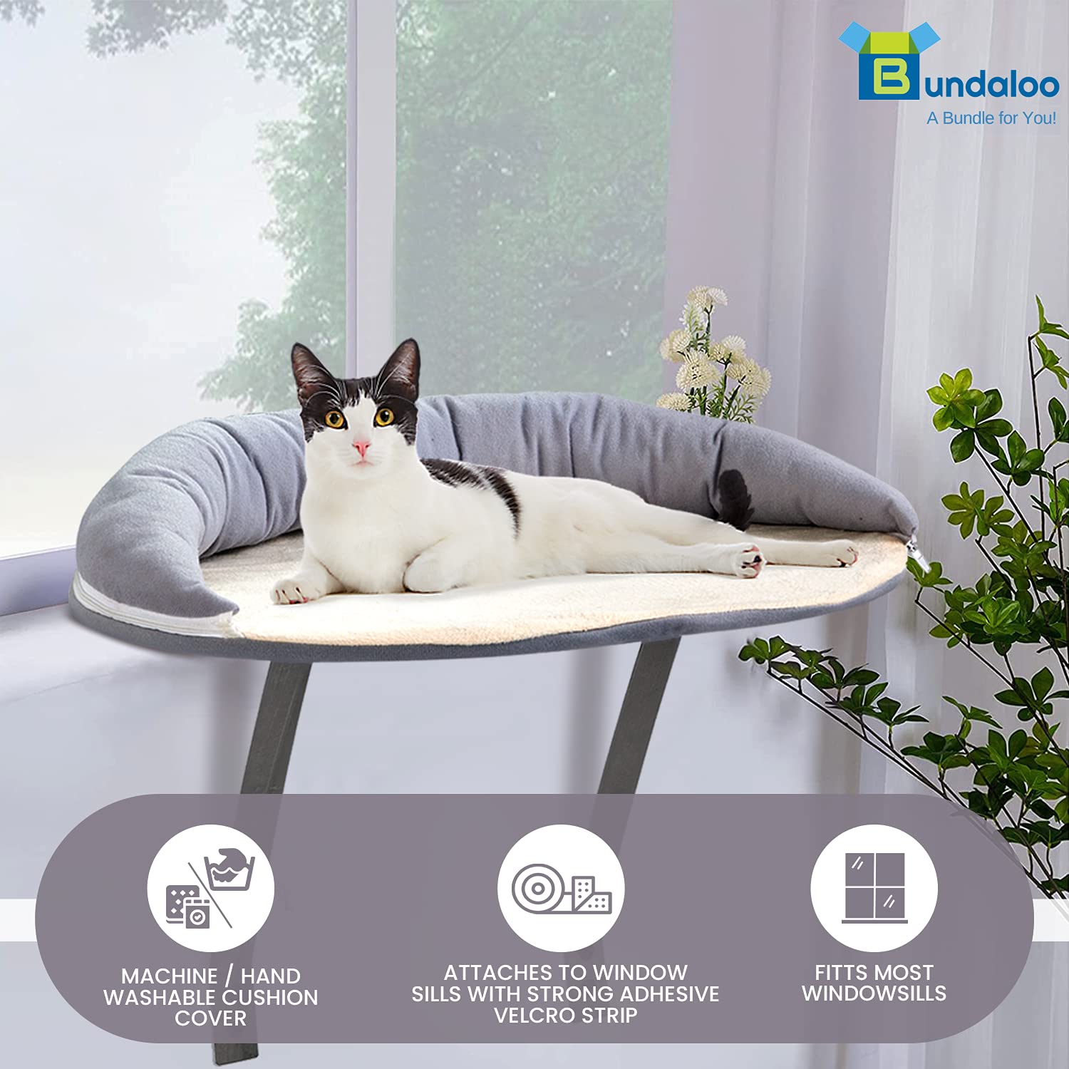 Bundaloo Cat Window Perch Easy Set-up DIY Kitty Sill Mounted Shelf Bed for Pets. Sturdy Furniture Ledge for All Kitten Sizes,Washable Removable Zippered Seat Cover  - Like New
