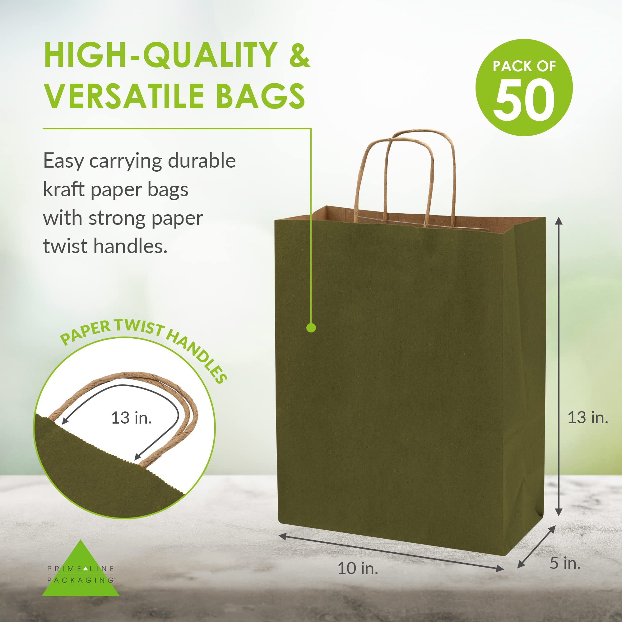 Prime Line Packaging 10x5x13 50 Pack Medium Green Gift Bags, Kraft Bags with Handles, Paper Bags for Small Business, Shopping, Retail, Christmas, Bulk  - Very Good