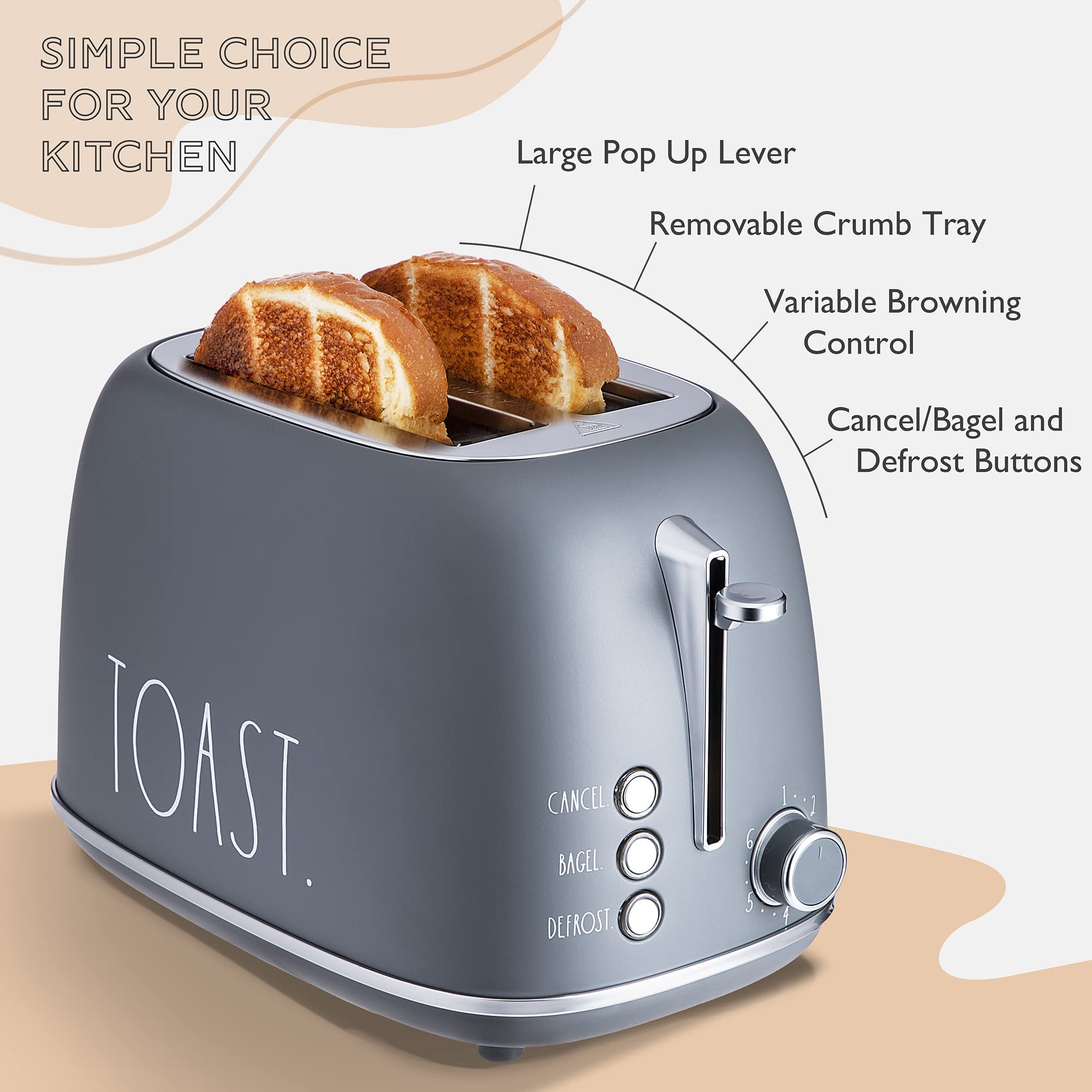 Rae Dunn Retro Rounded Bread Toaster, 2 Slice Stainless Steel Toaster with Removable Crumb Tray, Wide Slot with 6 Browning Levels, Bagel, Defrost and Cancel Options (Grey)  - Very Good