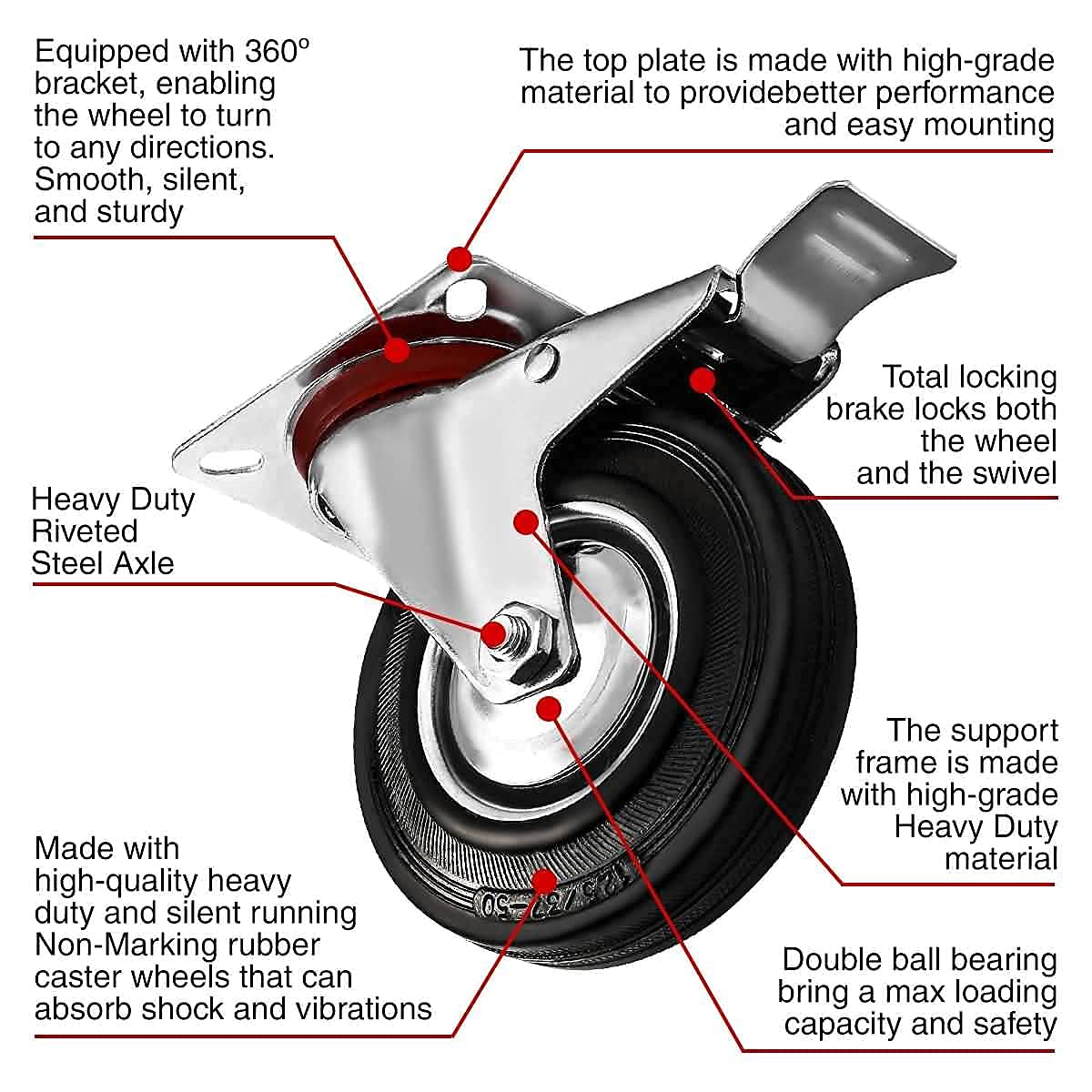 Online Best Service 4 Pack 5" Swivel Caster with Brake Wheels Rubber Base with Top Plate & Bearing Heavy Duty  - Like New