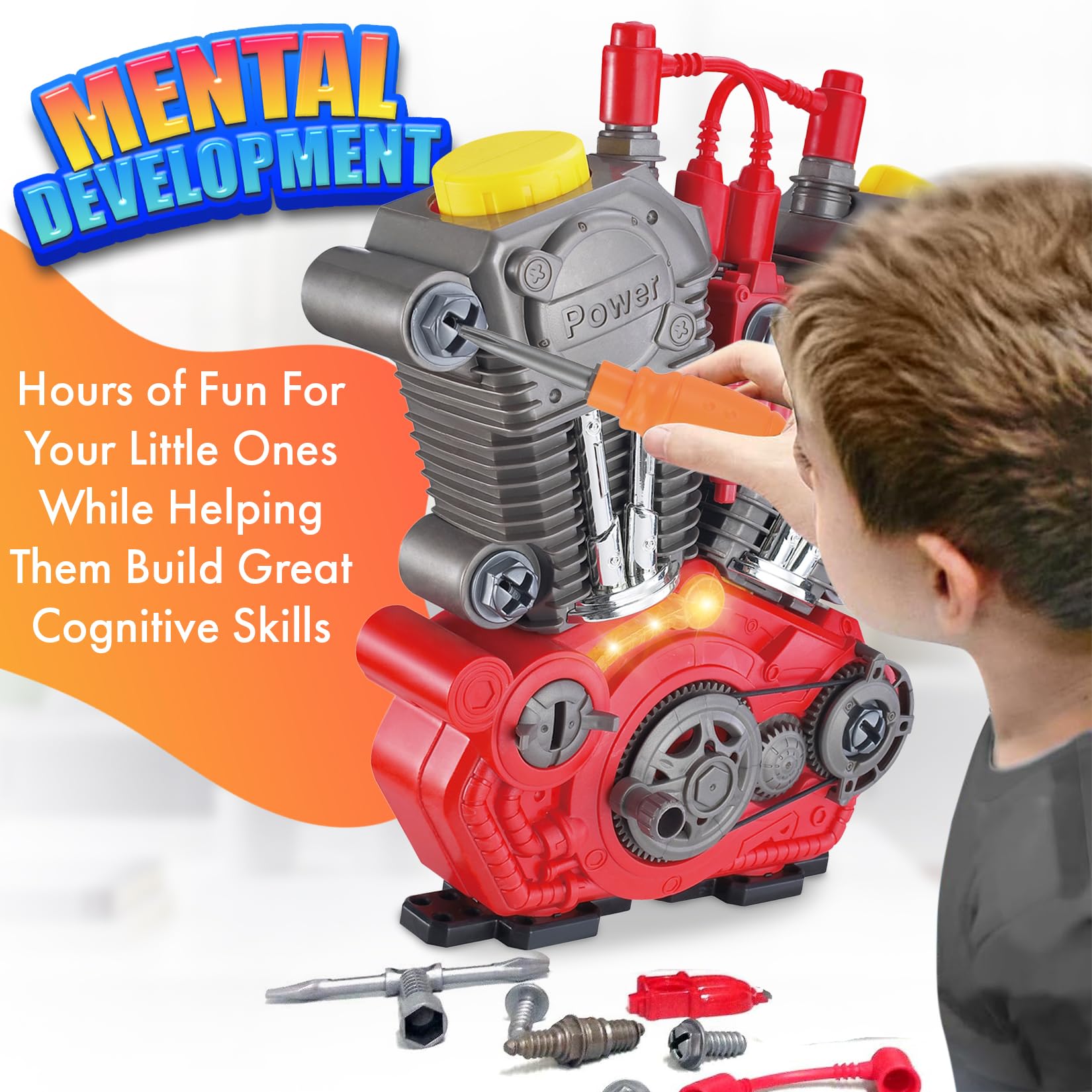 Engine Building Toy Kit with Lights, Sounds & 20+ Mechanic Tools - Educational Boys Gift