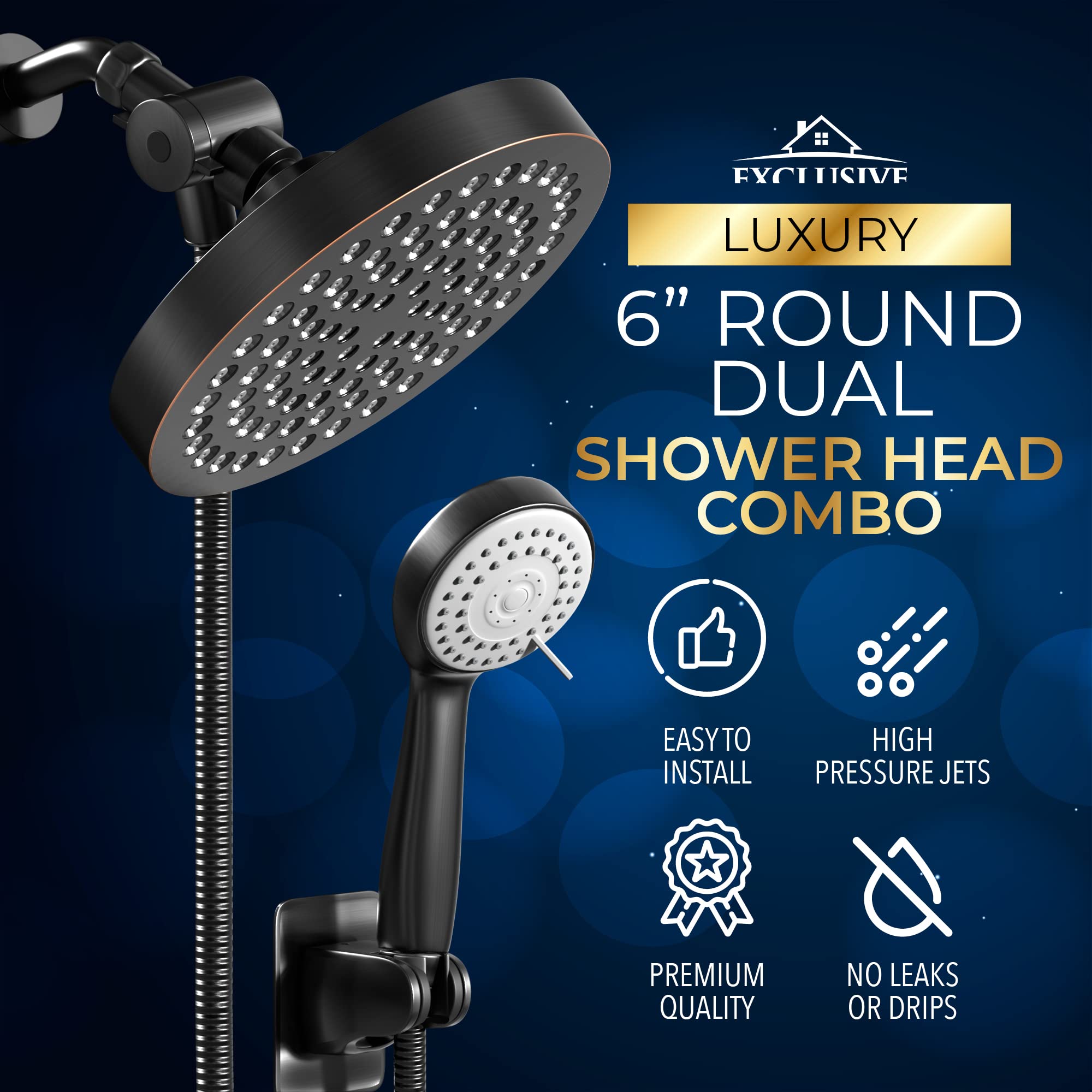 Shower Head With Handheld Combo, 6 Inch High Pressure Rainfall Showerhead With Hand Held 70 Inch Hose for Bath - Adjustable Swivel Shower Head Spray Anti-leak Nozzles - Universal Fit  - Like New