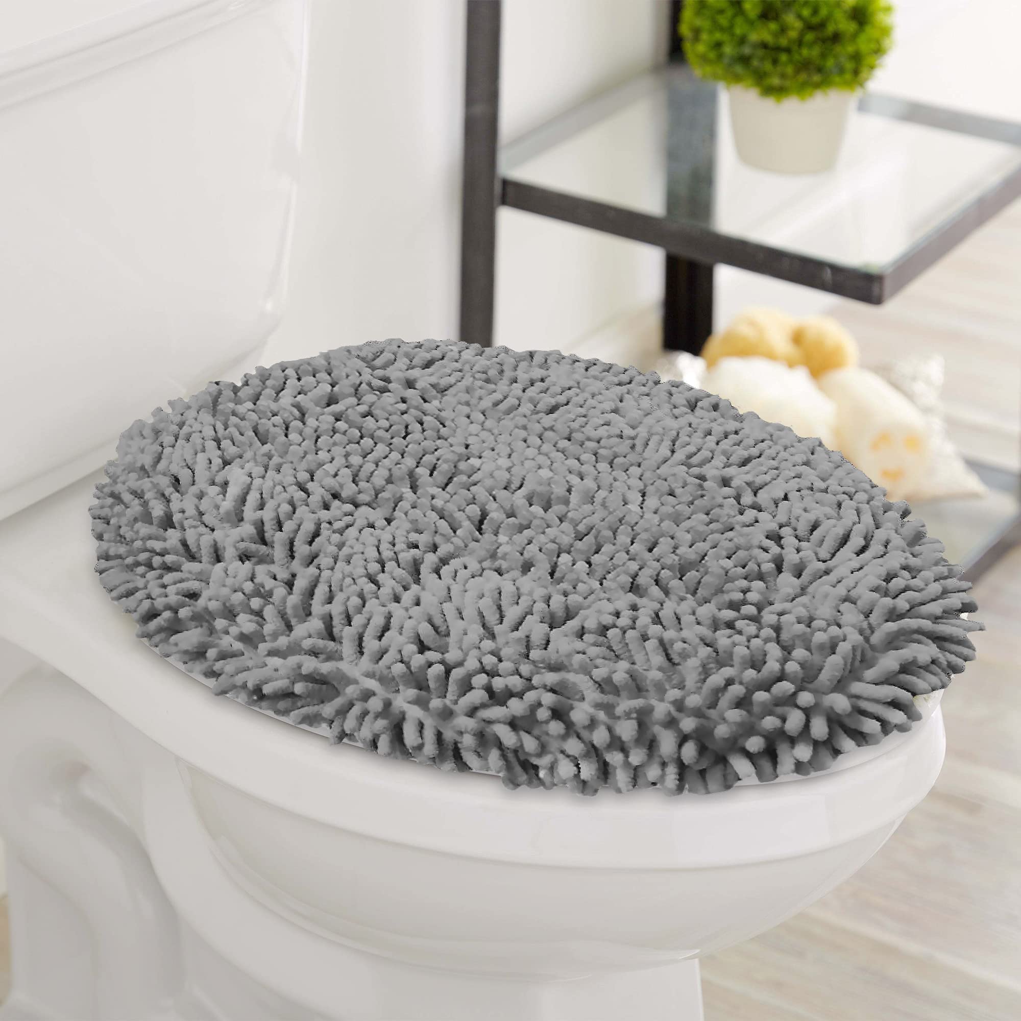 LuxUrux Soft Chenille Bathroom Toilet Lid Cover, Machine Washable Seat Covers, 18.5 x 18.5'', Stays in Place Rubber Backing, Fits Most Round, Elongated and Oblong Lids, Accessories Decor, Gray  - Like New