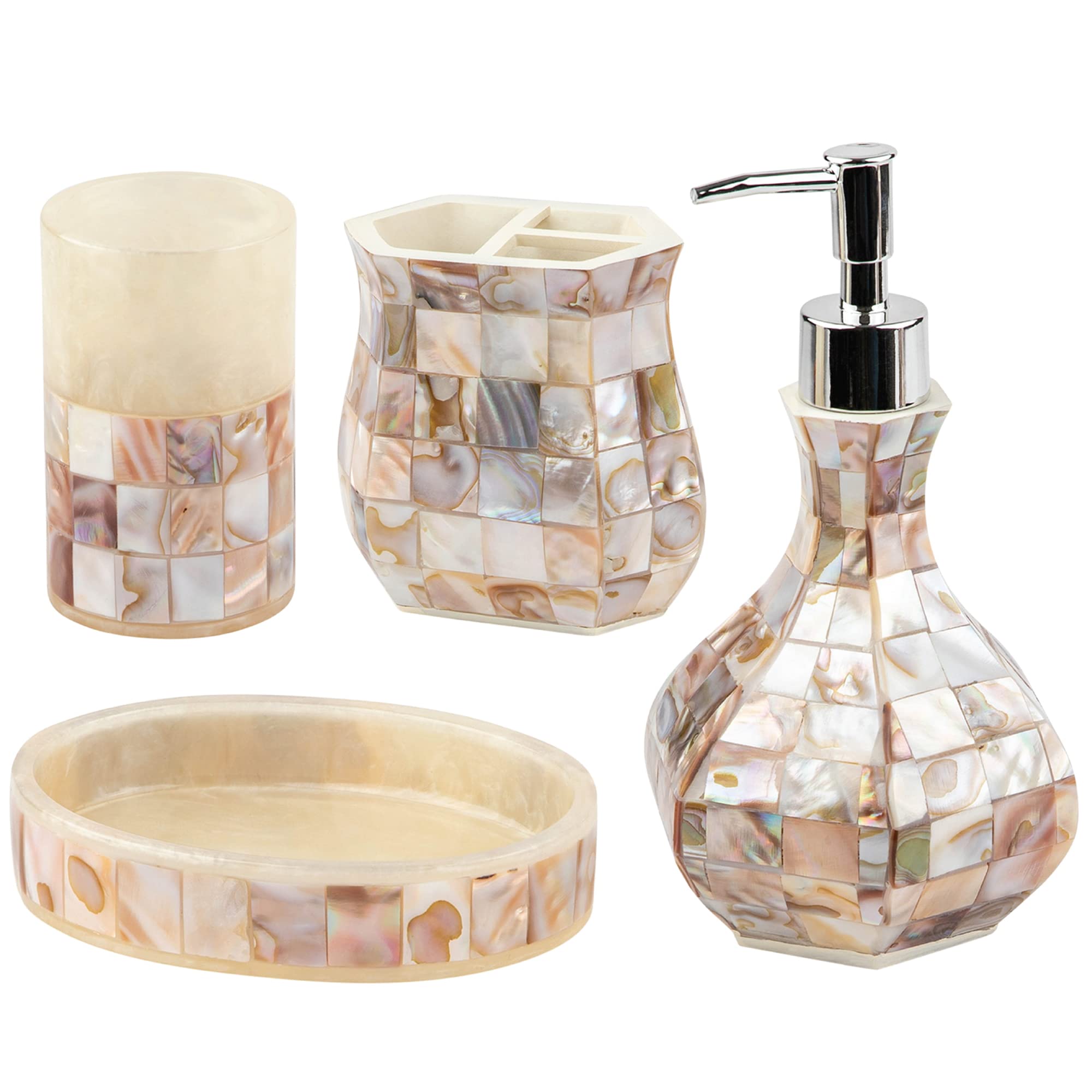 Bathroom Accessories Set - 4 Piece Bathroom Accessory Set with Natural Mother of Pearl Shells - Decorative Bathroom Set Includes: Soap Dispenser, Toothbrush Holder, Tumbler and Soap Dish  - Like New