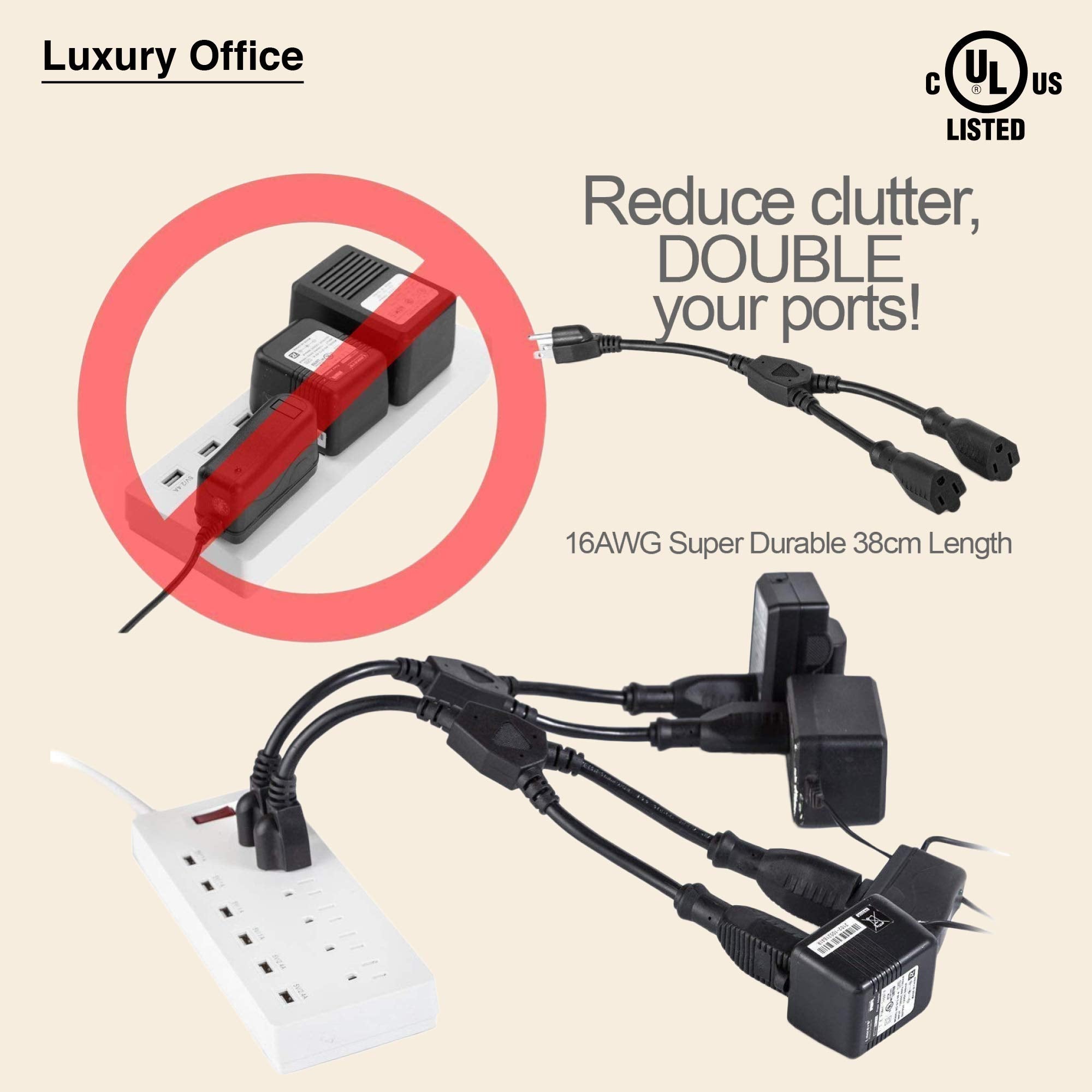 2 Way Power Splitter and 1' Extension Cord - 1 to 2 Cable Strip with 3 Pronged Outlet and Y Style Extension Cord – Black - SJT 16 AWG – by Luxury Office  - Like New