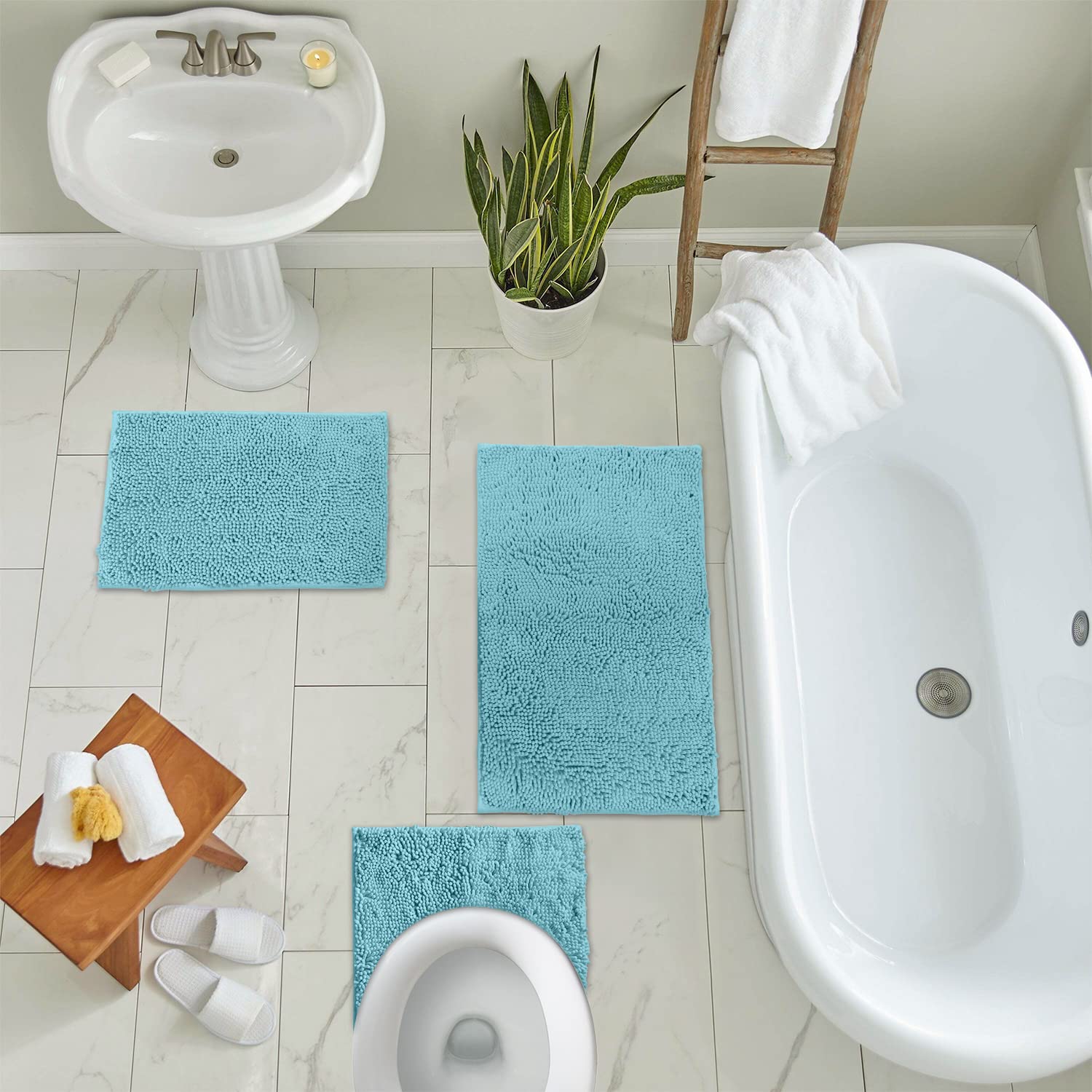LuxUrux Bathroom Rugs 3pc Non-Slip Shaggy Chenille Bathroom Mat Set, Includes U-Shaped Contour Toilet Mat, 20 x 30'' and 16 x 24'' Bath Mat, Machine Washable, Spa Blue.  - Very Good