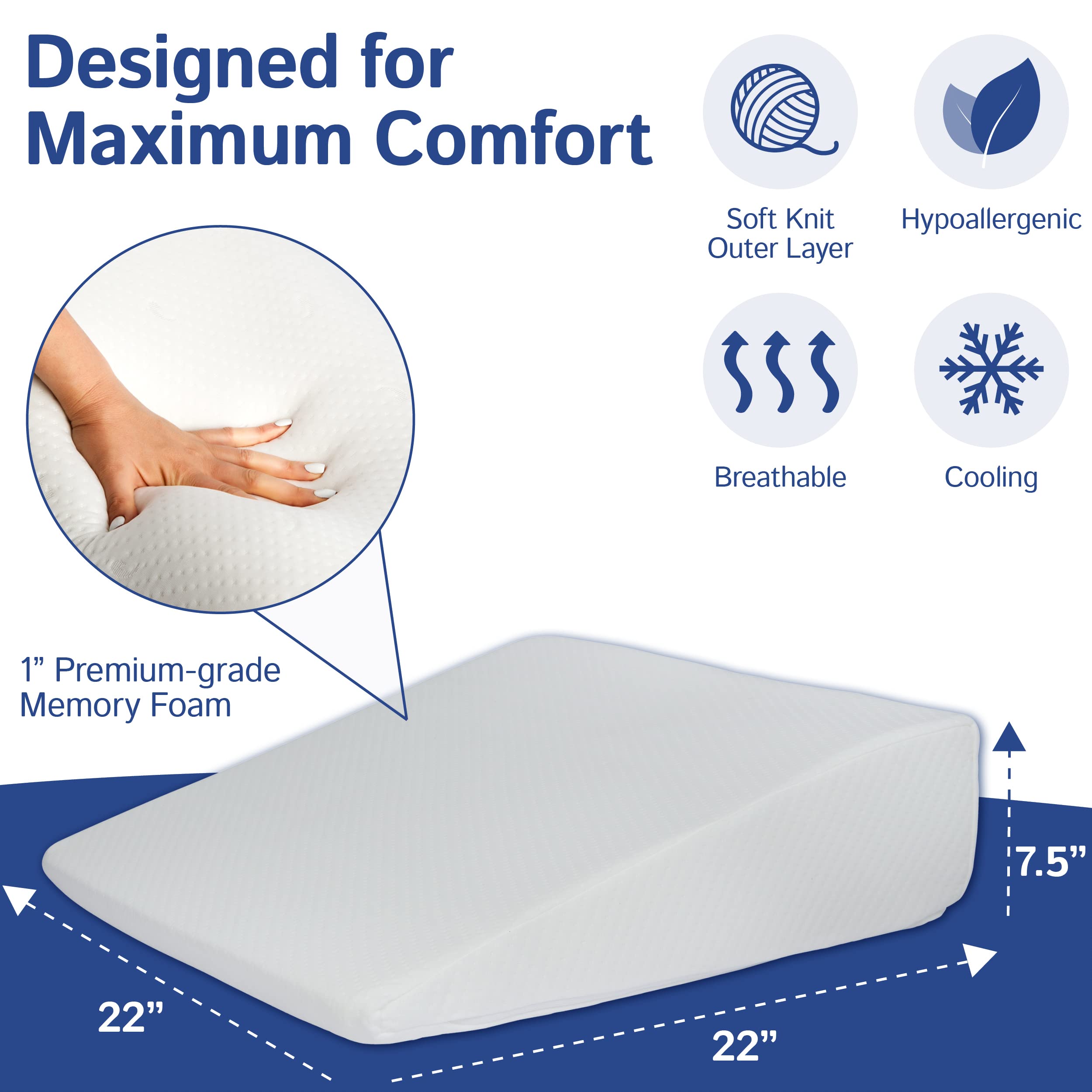 Bed Wedge Pillow With Memory Foam Top 7.5in - Ideal For Comfortable, Restful Sleeping - Wedge Pillow Neck & Back Pain Relief, Acid Reflux, Snoring, Heartburn, Allergies - Versatile & Washable Cover  - Good