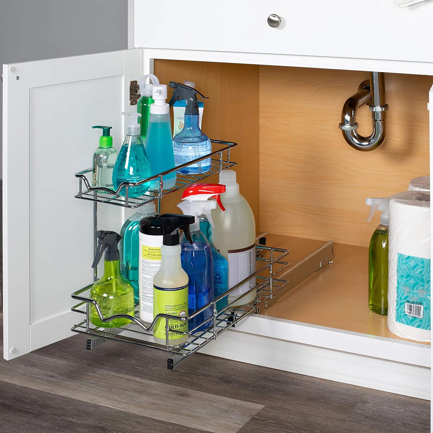 Under the Sink Pull Out Cabinet Organizer Sliding Shelf- Heavy Duty Metal, with 5 Year Limited Warranty- 2 Tier Slide Out Shelf, Multi-Use, for Cleaning Products, Kitchen and Pantry Supplies- Anti Rust Chrome  - Like New