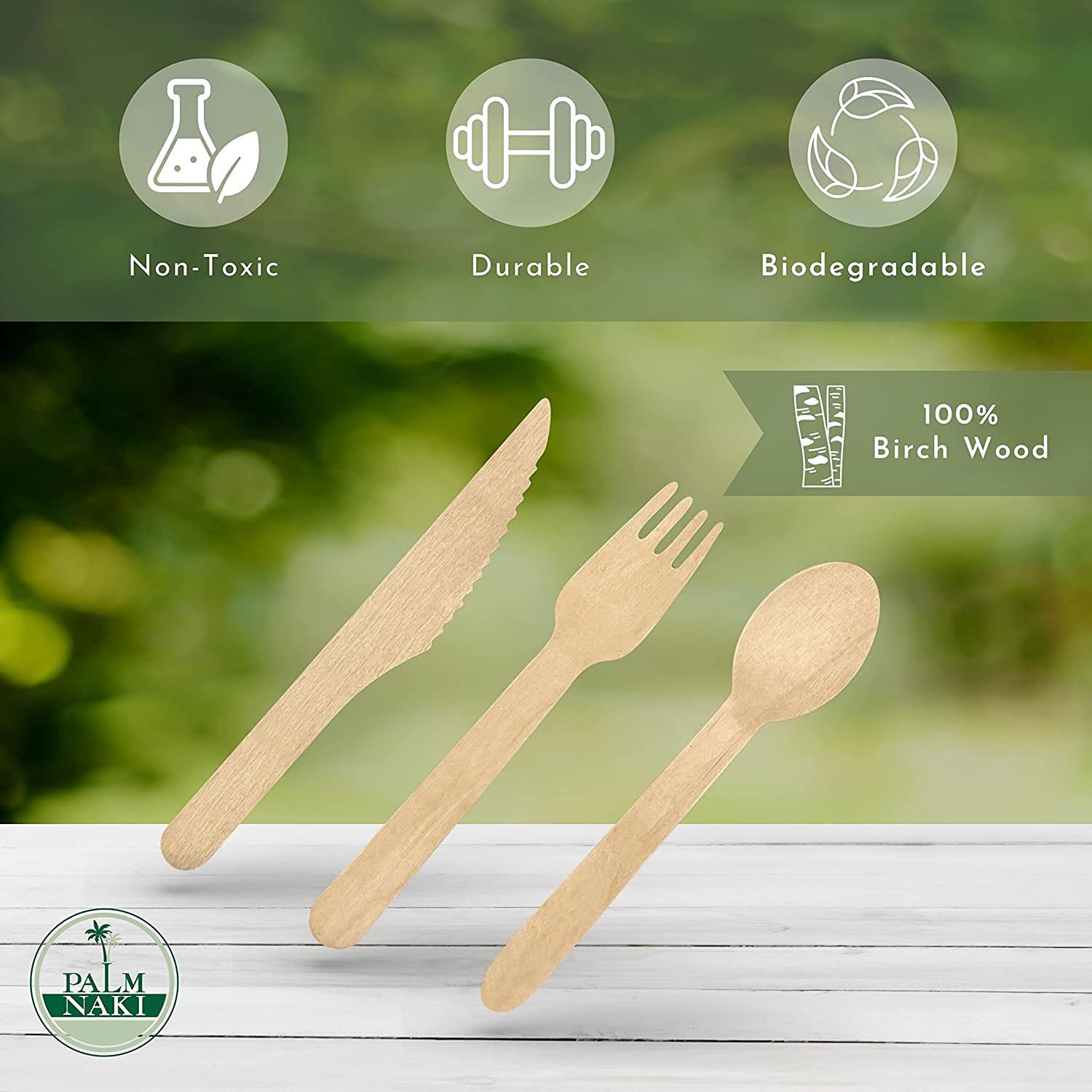 Palm Naki - Palm Leaf Disposable Plates and Matching Cutlery Value Bundle � 240 Square Plates, 10�, 7�, 4� Sets of 80 Each - with Birchwood Cutlery 120 Forks, 80 Spoons, 80 Knives  - Like New