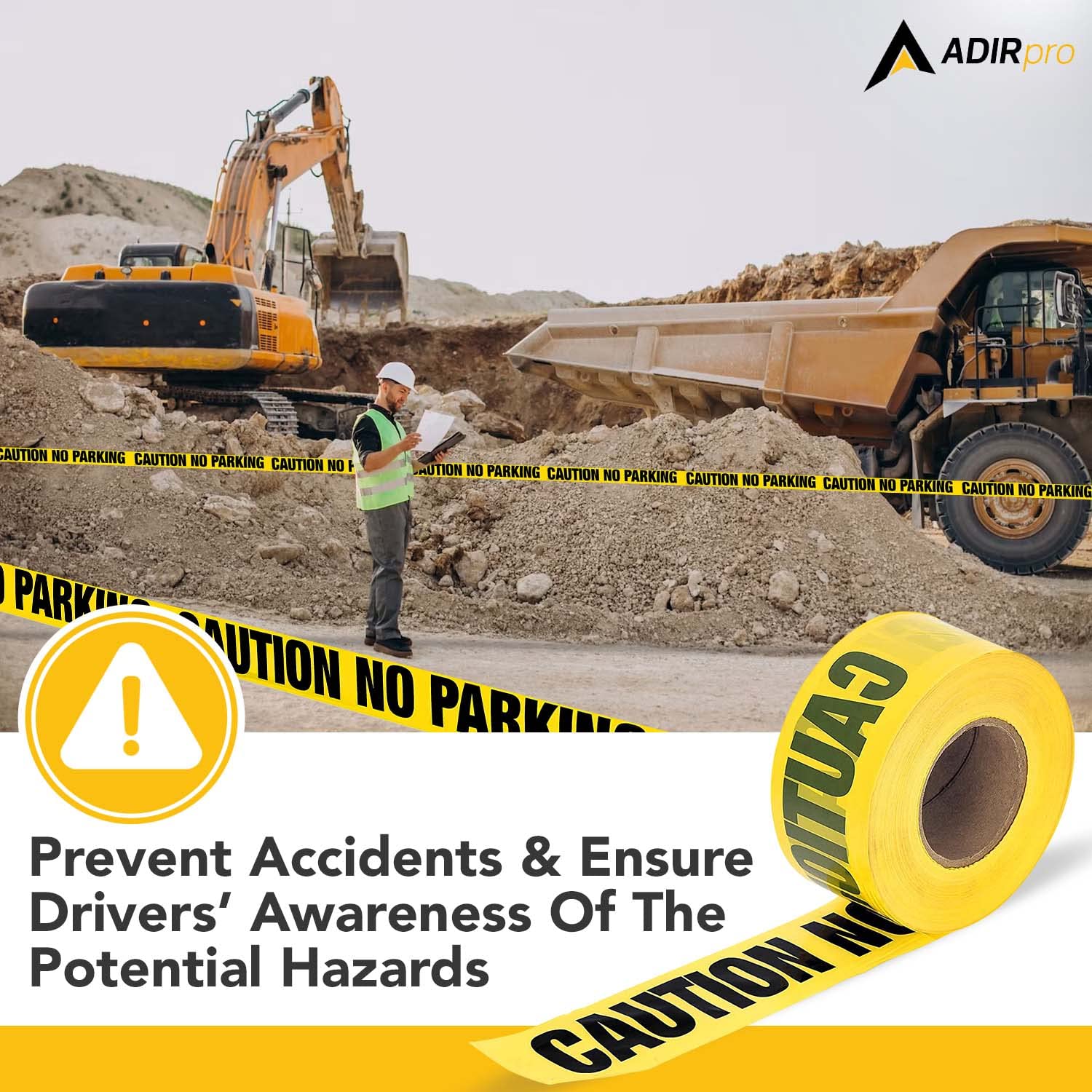 Adir No Parking Caution Tape Roll, 1000 feet - High Visibility 3-inch Bright Yellow Tape with Bold Black Print - No Parking Warning Tape for Construction, Utility Companies, Law Enforcement  - Like New