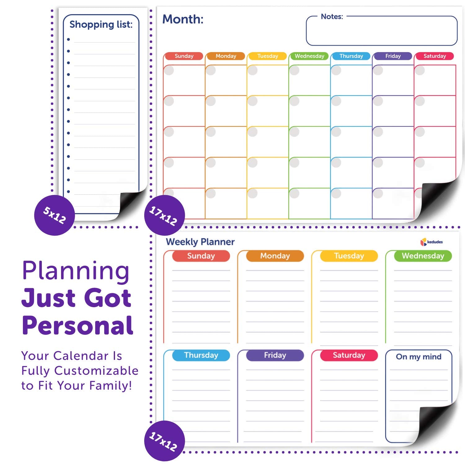 Magnetic Dry Erase Calendar Set | 3pk Monthly Fridge Calendar White Board, Weekly Planner, Magnet Grocery List, 6 Color Markers | Magnetic Family Calendar for Fridge, Kitchen, Office, Classroom  - Like New