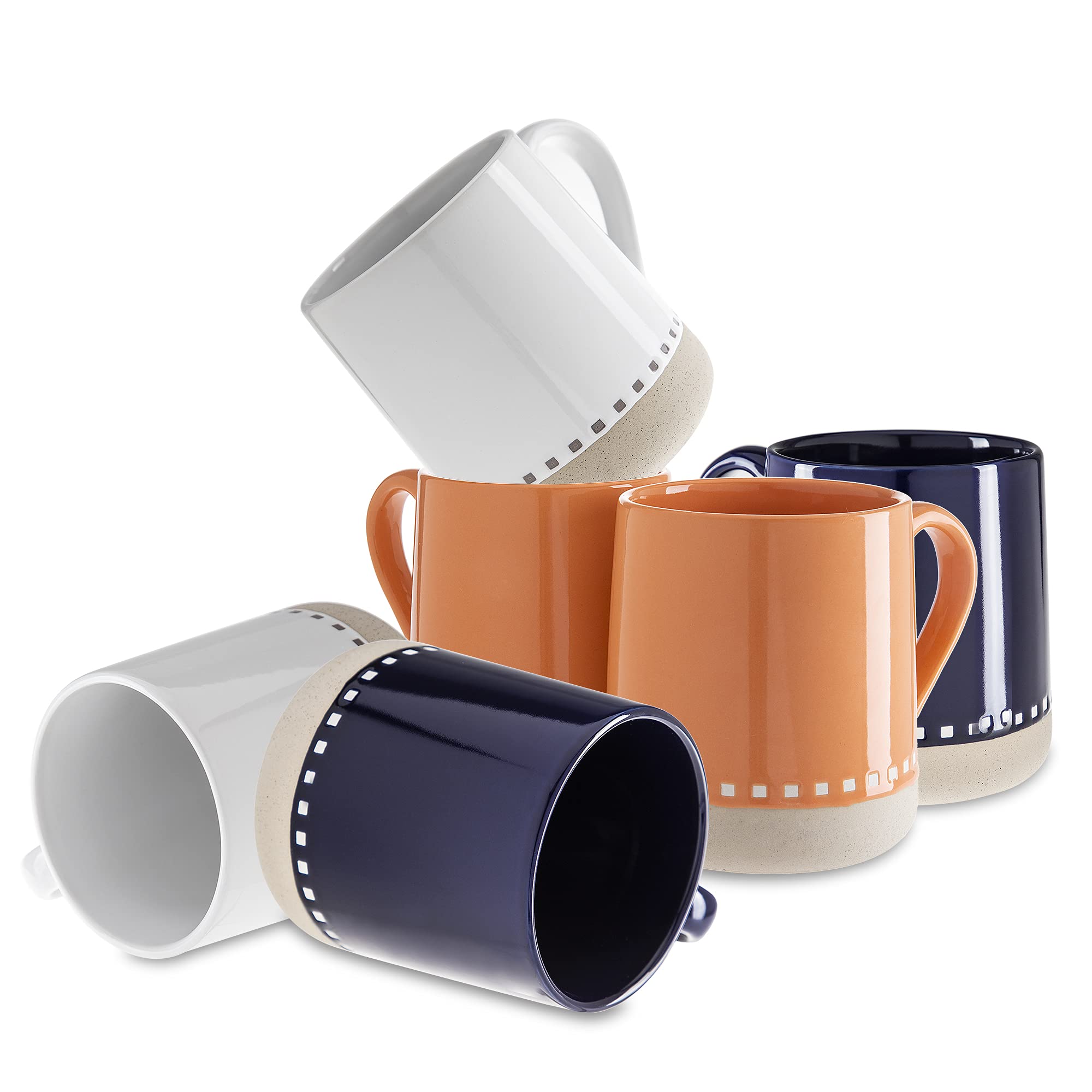 Heartland Hive Set of 6 Stoneware Coffee Mugs- Bright and Colorful, Stylish Coffee Cups, Mugs for Tea, Latte, and Hot Chocolate, 18 oz, (Navy, White, Orange)  - Like New