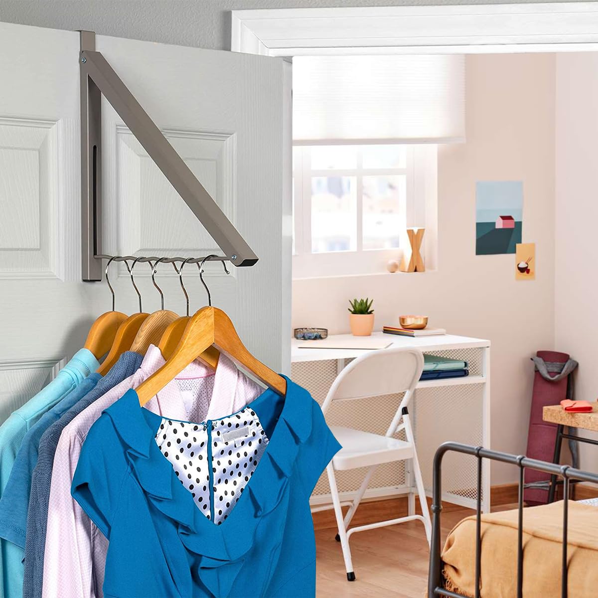 Over the Door Hanger - Closet Hanger Retractable Collapsible Folding Hanging Rack Organizer Perfect for Clothes & Towels Ideal for Bathrooms, Dorm Rooms Etc. - Satin Nickel (Includes one Hook)  - Very Good