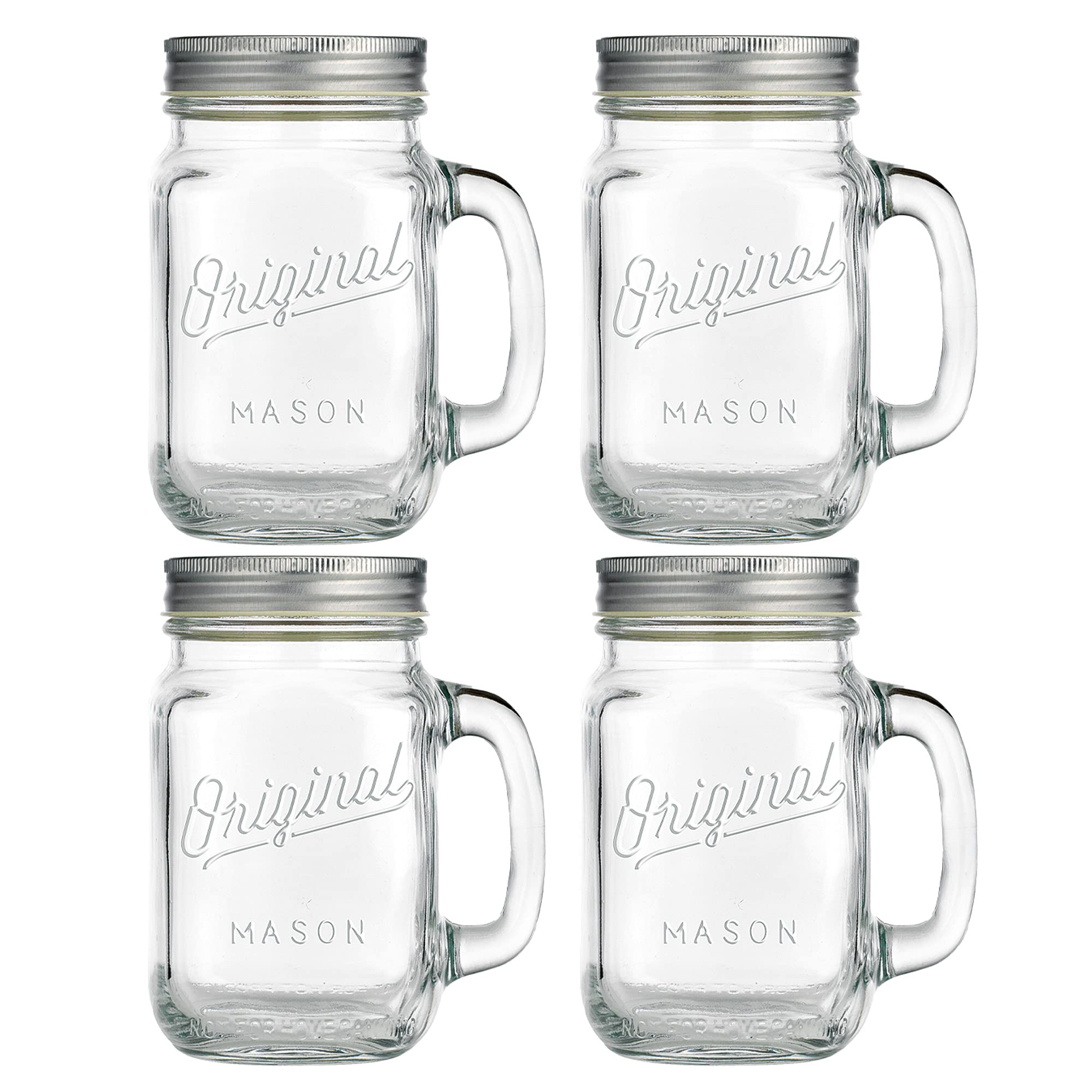 Mason Jar 16 Oz. Glass Mugs with Handle and Lid Set Of 4 - Home Essentials & Beyond - Old Fashioned Drinking Glass Bottles Original Mason Jar Pint Sized Cup Set.  - Acceptable