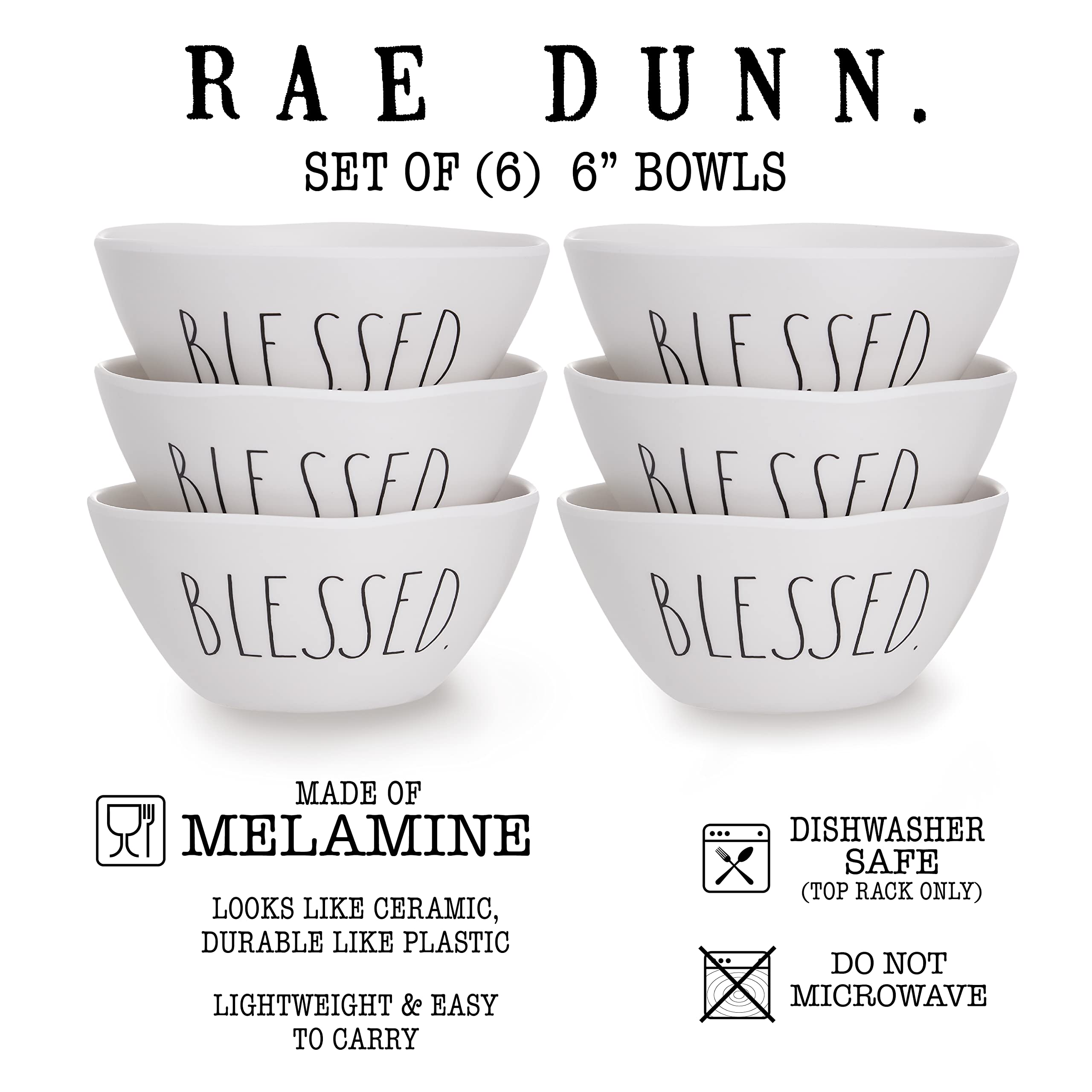 Rae Dunn Melamine Bowl Sets - Durable Dishwasher Safe Dinner/Cereal Bowls Set of 6 (6 inch) Bowl Set for Soup, Cereal, Pasta, Salads  - Like New