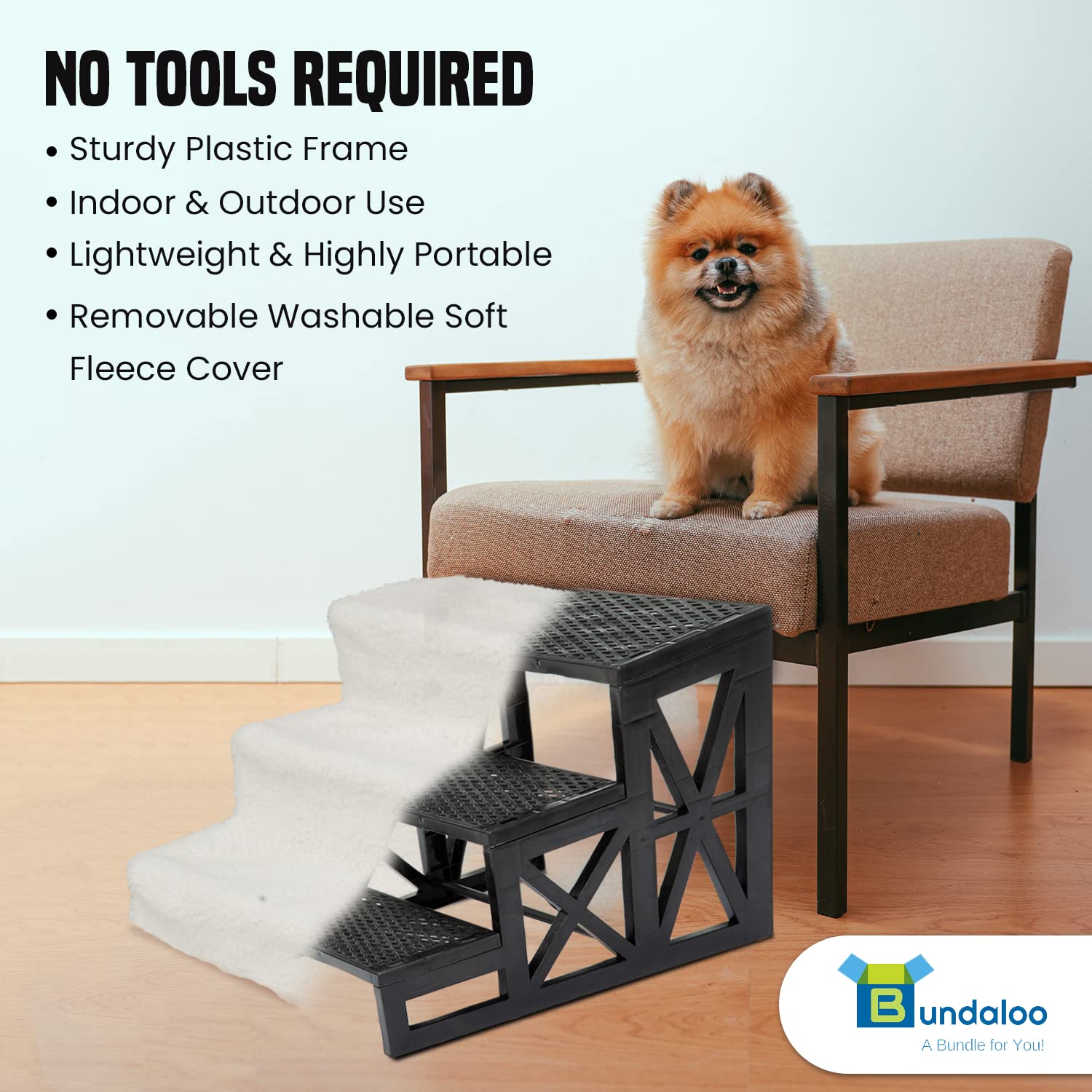 Bundaloo Dog Stairs for High Beds, Steps for Smaller Pets with Removable and Washable Cover, No Tools Required  - Like New