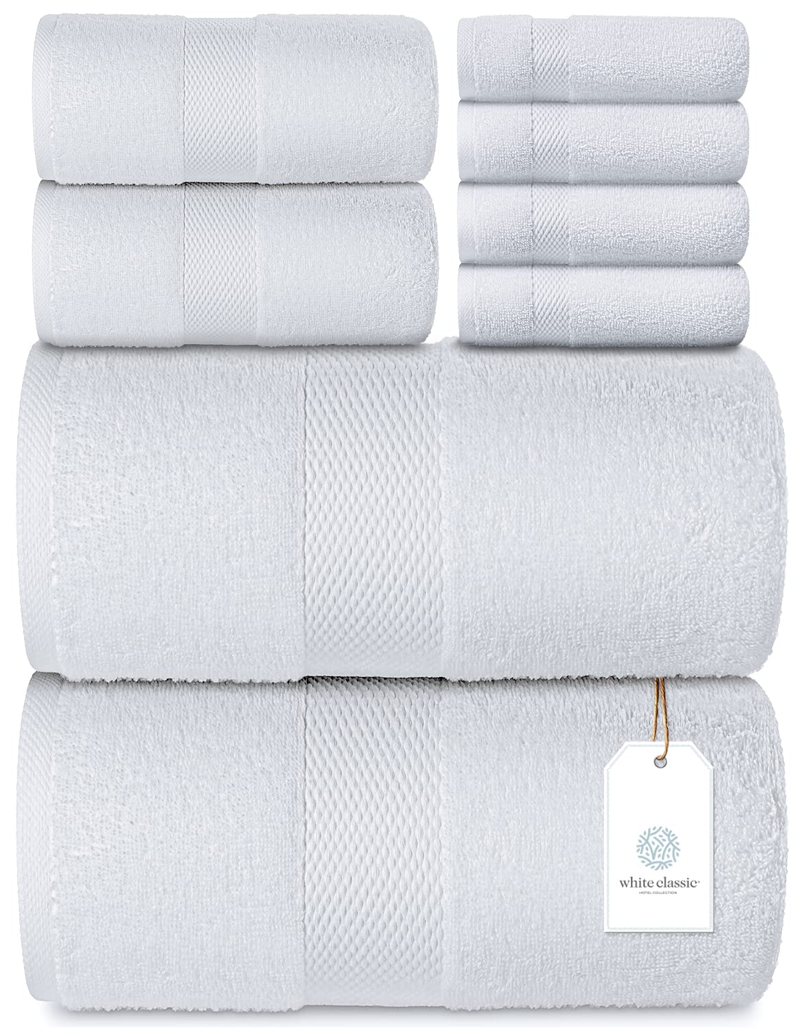 Luxury 8 Piece Bath Towel Set White - 700 GSM Thick Combed Cotton Hotel Quality Towels - 2 Bath Towels, 2 Hand Towels, 4 Washcloths  - Like New