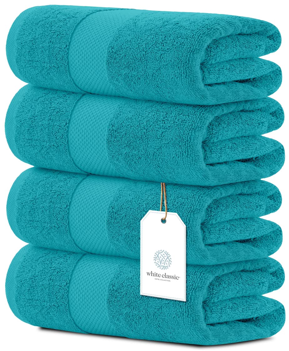 White Classic Luxury Bath Towels Set of 4 Large - 700 GSM Cotton Ultra Soft Bath Towels 27x54 | Highly Absorbent and Quick Dry | Hotel Towels for Bathroom Luxury, Plush Shower Towels, Aqua  - Acceptable