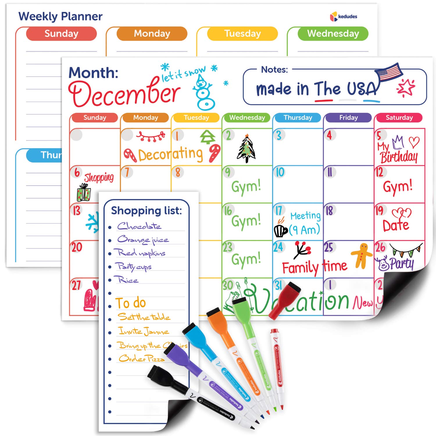 Magnetic Dry Erase Calendar Set | 3pk Monthly Fridge Calendar White Board, Weekly Planner, Magnet Grocery List, 6 Color Markers | Magnetic Family Calendar for Fridge, Kitchen, Office, Classroom  - Like New