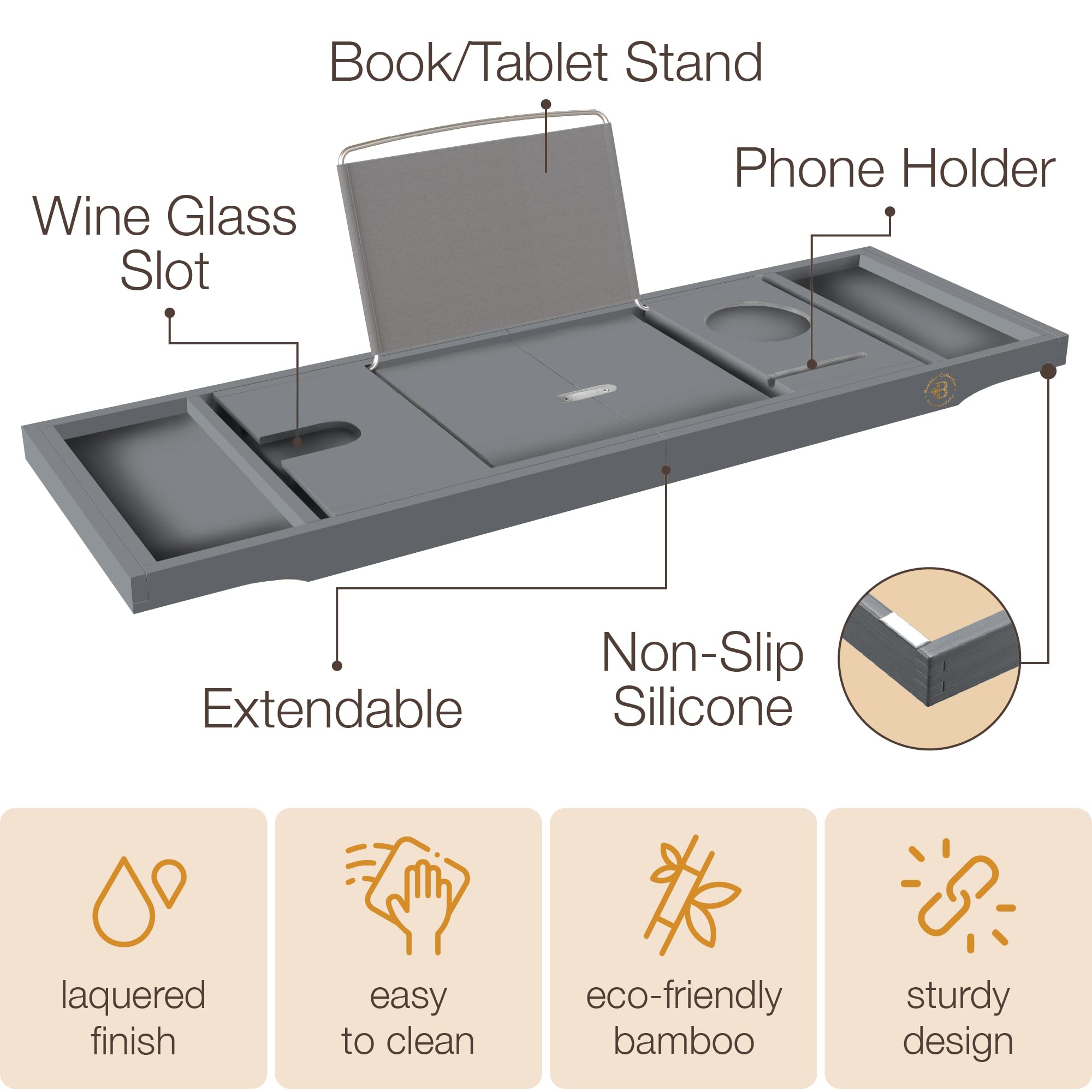 Bamb�si Bathtub Tray Table - Collapsible & Adjustable Bathtub Caddy - Space-Saving Folding Bath Tub Tray - Wood Bathtub Accessories - Unique Valentines Day Gifts for Women or Men (Gray Bamboo)  - Like New