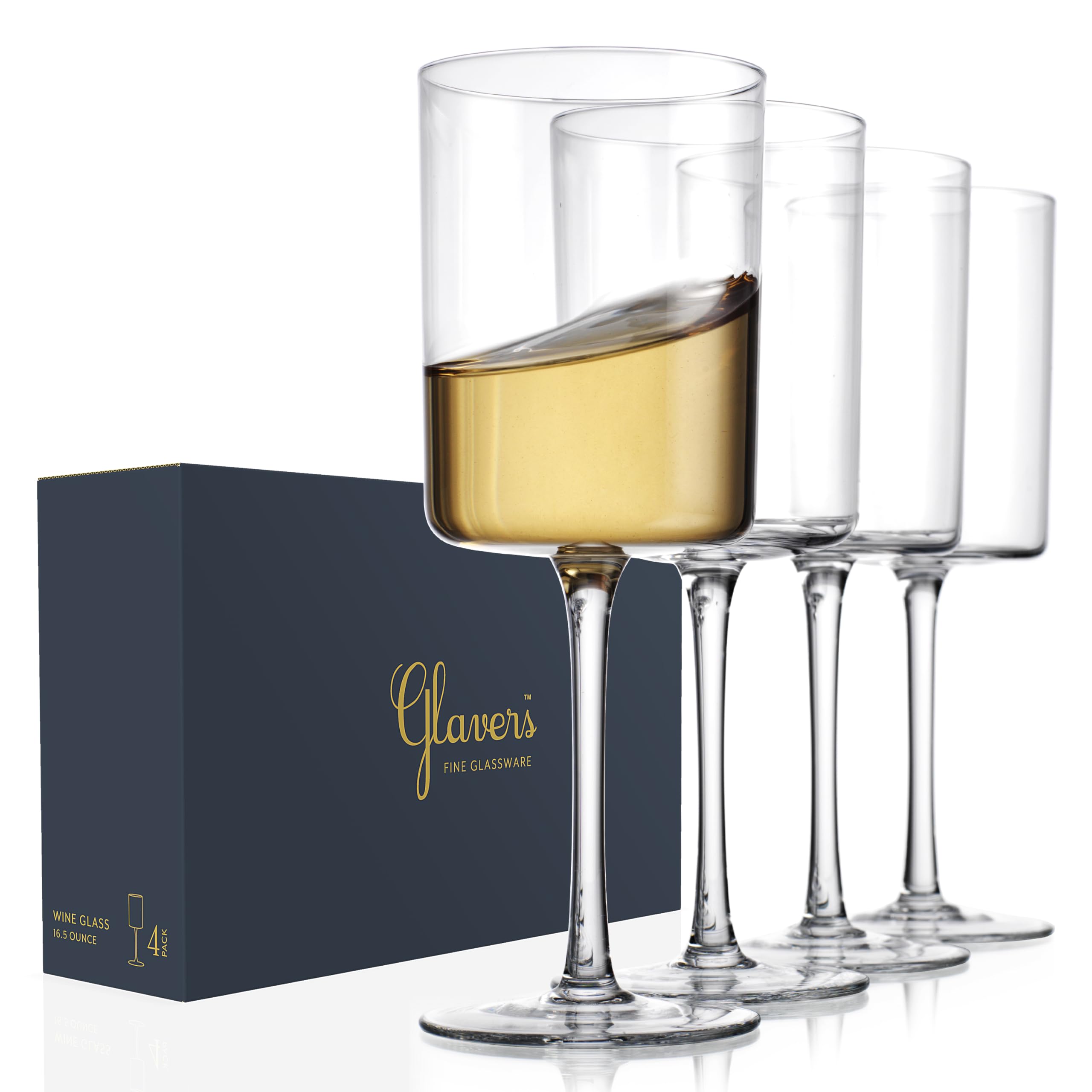 Square Wine Glasses Set of 4, Crystal Stemmed Modern Wine Glasses 16 Oz, Tall Thin Rim, Large Wine Glasses For Red and White Wine, Elegant Gifting Packaging, Dishwasher Safe. Snifter  - Like New