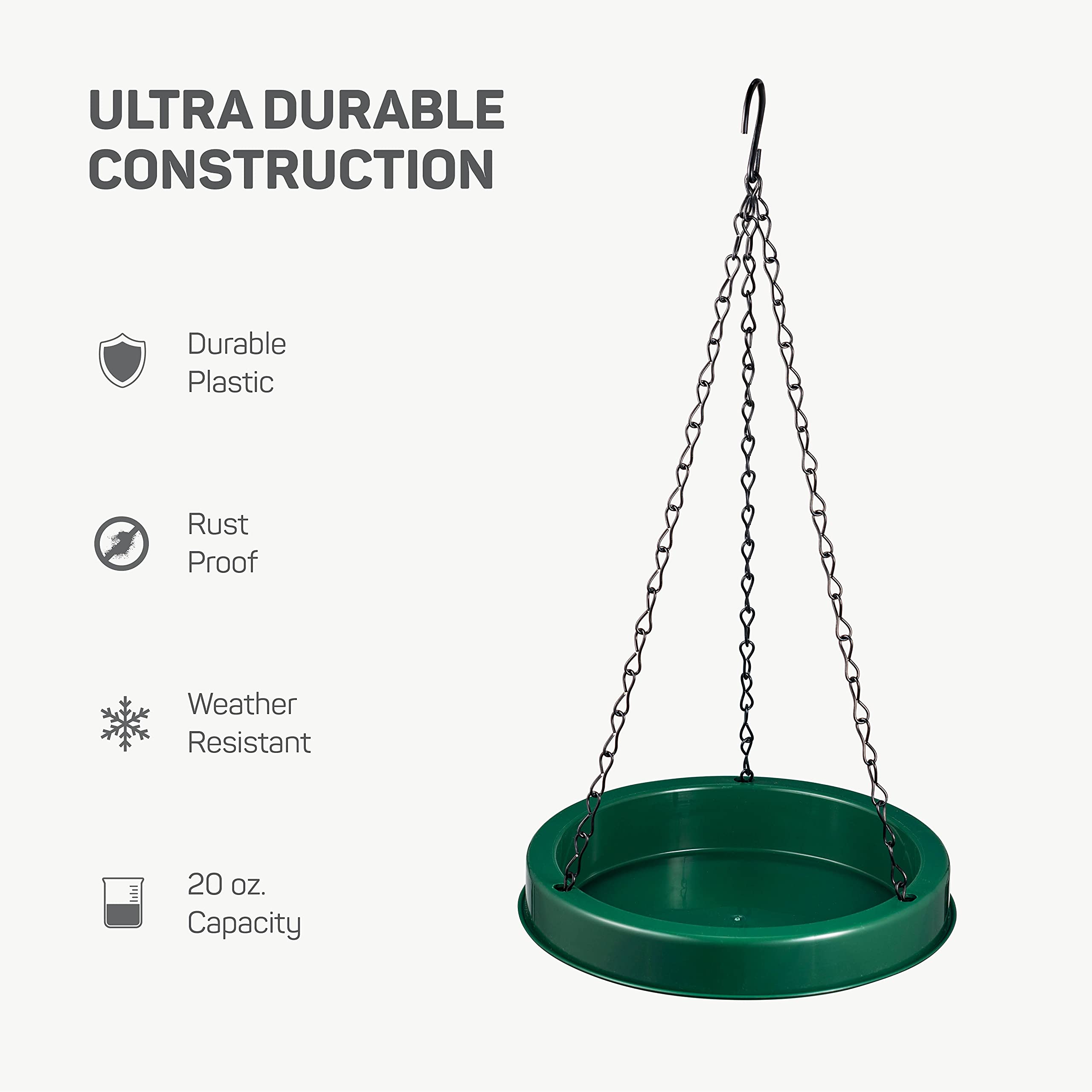 Plastic Bird Bath Tray & Feeder 20 oz [Set of 2] Hanging Bird Baths for Outdoors & Indoors, Bird Water Feeder with Circular Perch - Small Bird Bath 17-Inch Round Design and Lightweight (Green)  - Like New