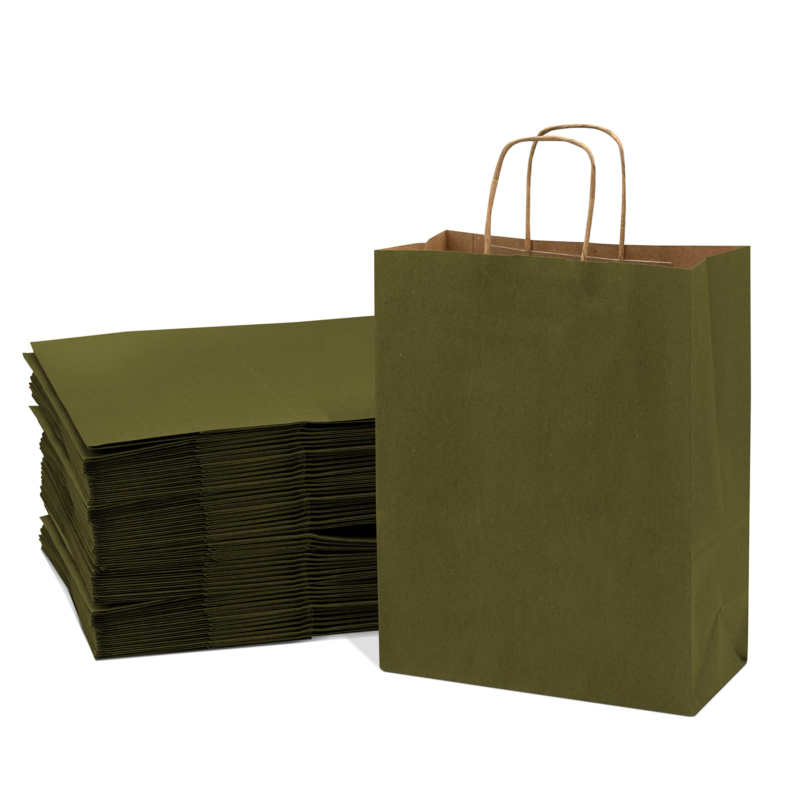 Prime Line Packaging 10x5x13 50 Pack Medium Green Gift Bags, Kraft Bags with Handles, Paper Bags for Small Business, Shopping, Retail, Christmas, Bulk  - Very Good