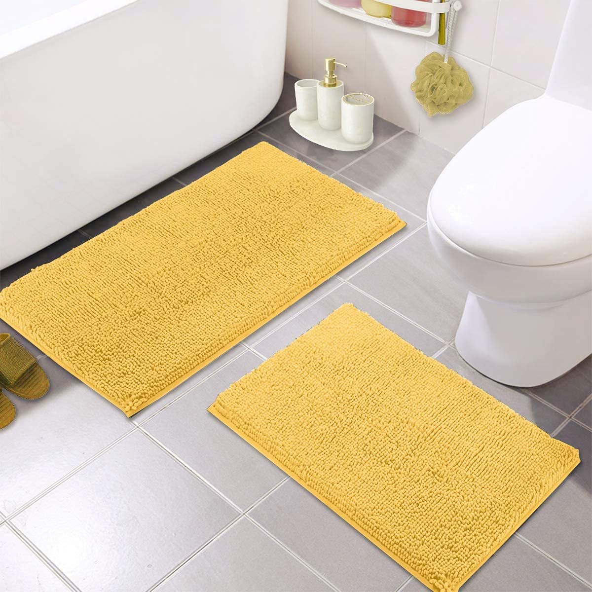 LuxUrux Yellow Bathroom Rug Set 2 Piece �Extra-Soft Bath mat Shower Bathroom Rugs,1'' Chenille Microfiber Material, Super Absorbent (30 X 20'' + 23 x 15'', Yellow)  - Like New