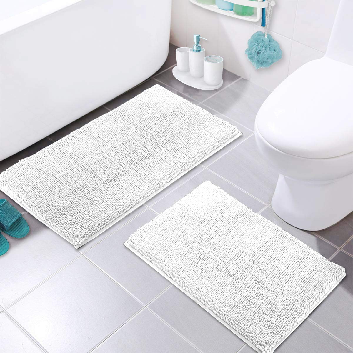 LuxUrux White Bathroom Rugs, Bathroom Rug Set�Extra-Soft Plush White Bath mat, 1'' Chenille Microfiber Material, Super Absorbent Bathroom D�cor, 30 X 20'' + 23 X 15.  - Very Good