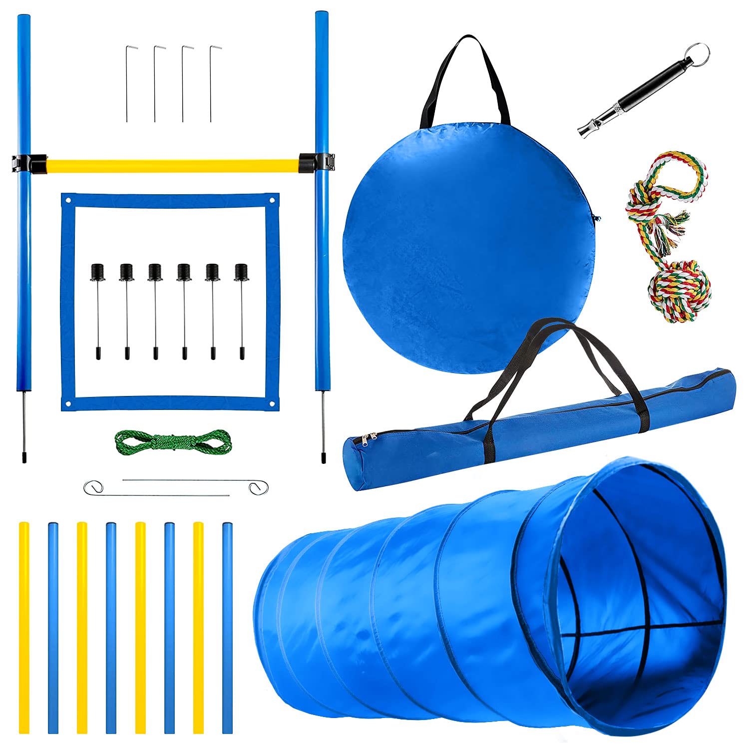 CHEERING PET Dog Agility Training Equipment, 28 Piece Dog Obstacle Course, Training and Interactive Play Includes Dog Tunnel, Adjustable Hurdles, Poles, Whistle, Rope Toy with Carrying Case  - Like New
