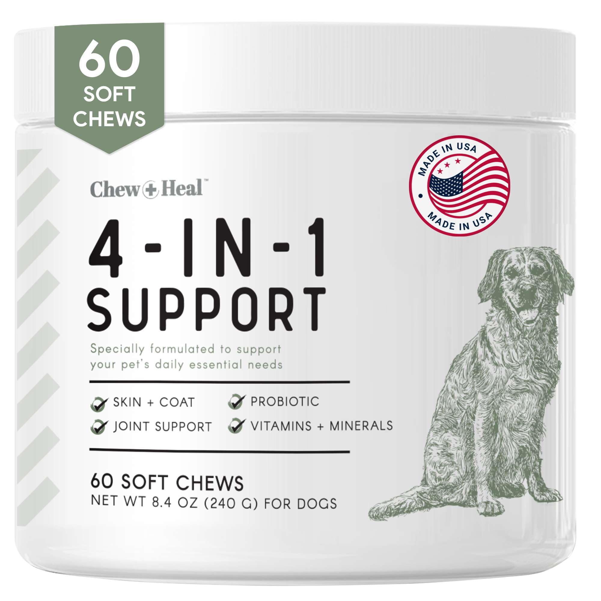 Chew + Heal All in 1 Dog Vitamin - Soft Chew Treats - Chewable Multivitamin with Probiotics, Digestive Enzymes, for Skin and Coat, Hip and Joint Support - with Omega, Calcium - Made in The USA