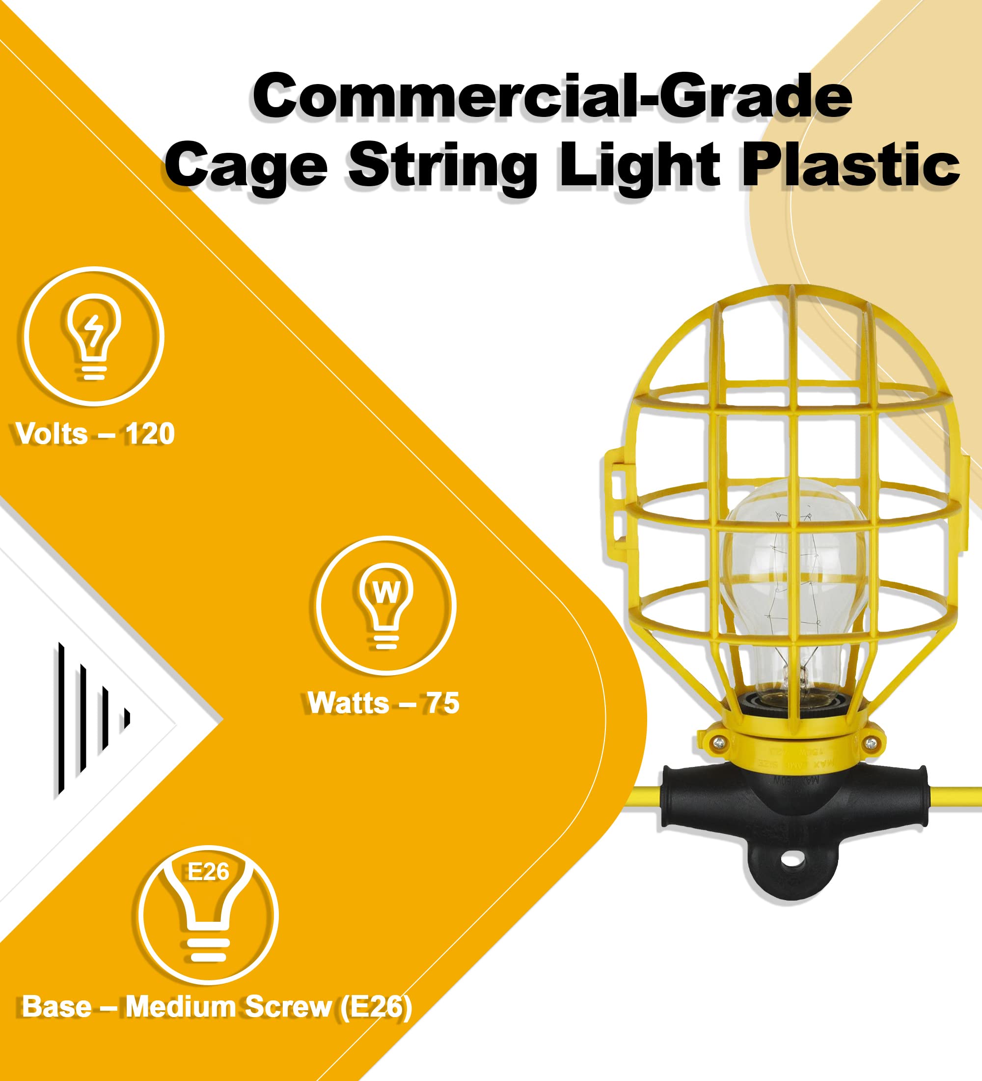 Ciata Lighting 50 Feet Construction Temporary String Light Plastic, E-26 Medium Screw Base Socket, 75 Watt, 120 Volts, 14 Gauge Wire for Indoor/Outdoor use, ETL Listed in Yellow Finish  - Very Good