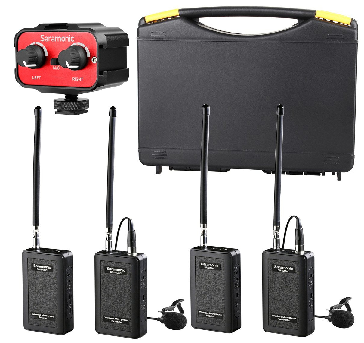 Saramonic Wireless VHF Lavalier Microphone Bundle with 2 Bodypack Transmitters, 2 Receivers, and 2-Ch Mixer for DSLR Cameras, Camcorders and More - 200' Wireless Transmission Range (Black, Red)  - Like New