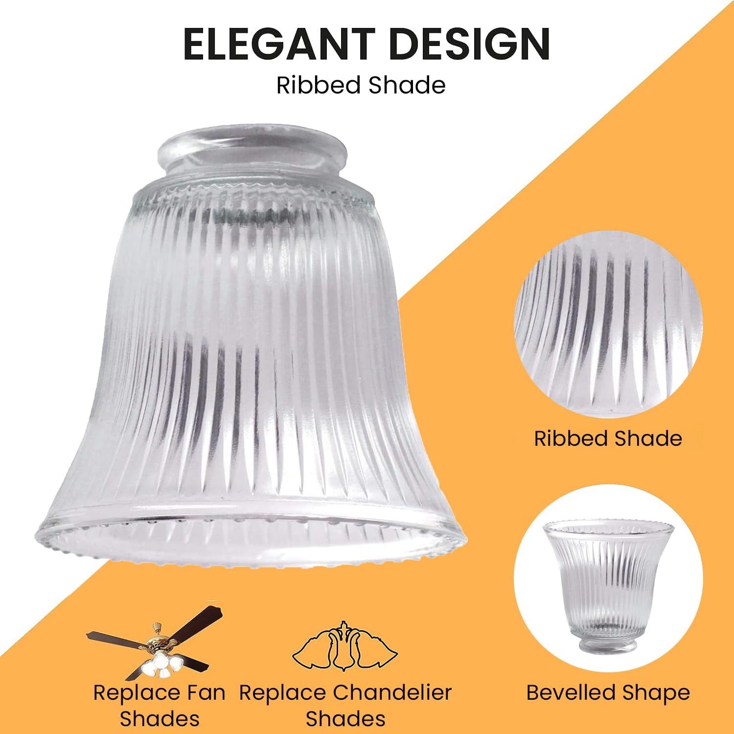 Ceiling Fan Light Covers, Ceiling Fan Globes Replacement Glass, Light Fixture Replacement Glass, Dysmio Clear Ribbed Shade Height: 4.50", Depth: 4.75", Width: 4.9" Fitter Size 2.25", 4 Pack  - Like New