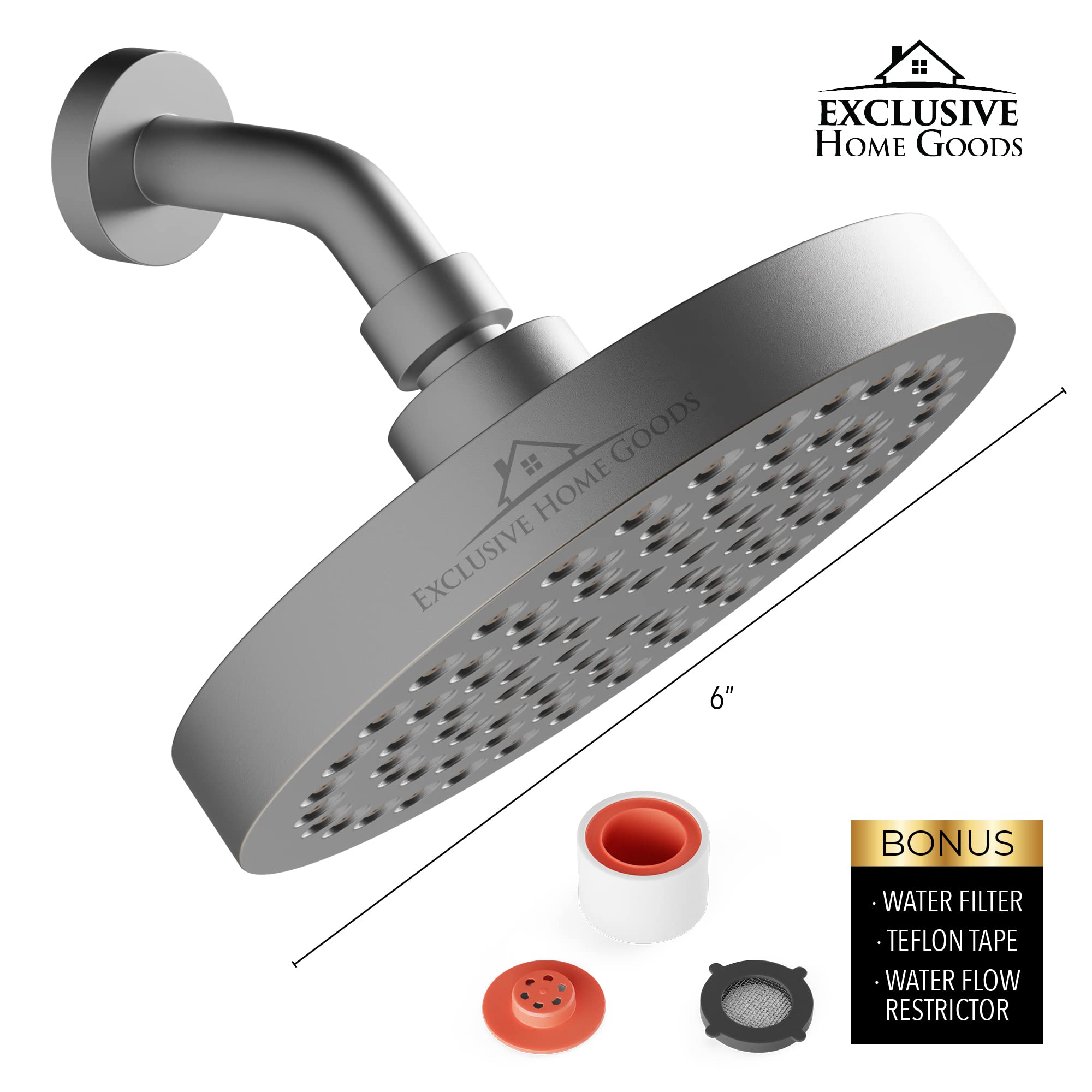 Rainfall Shower Head - 6" High Pressure Shower Heads - 1.8 GPM Shower Heads with Anti-Clog 90 Rubber Jets - 360� Rotation Adjustable Shower Head - Rustproof Bathroom Shower Head - Matte Charcoal  - Like New