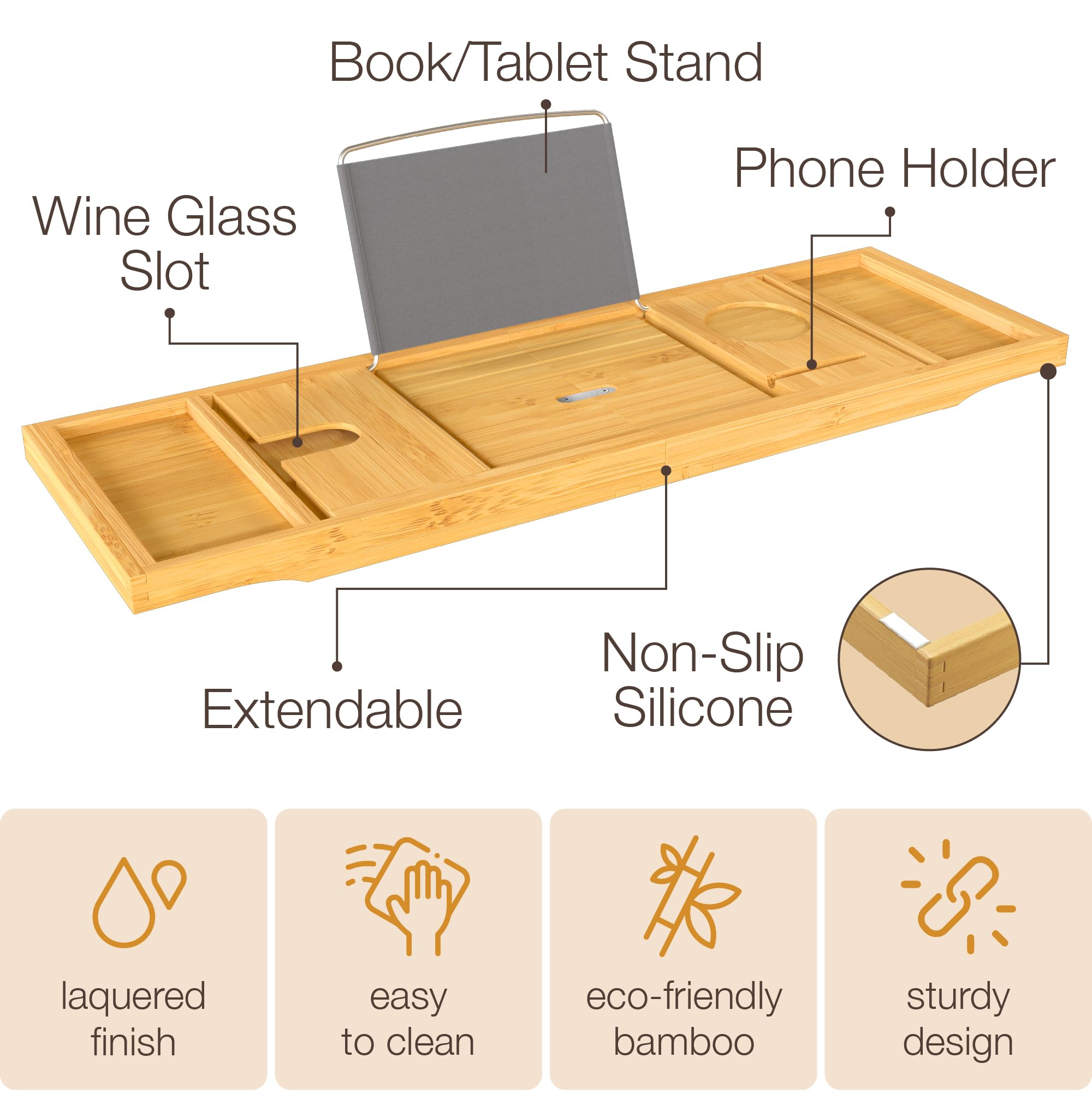 Bambüsi Bathtub Tray Table - Collapsible & Adjustable Bathtub Caddy - Space-Saving Folding Bath Tub Tray - Bamboo Wood Bathtub Accessories - Unique Gifts for Women or Men  - Like New