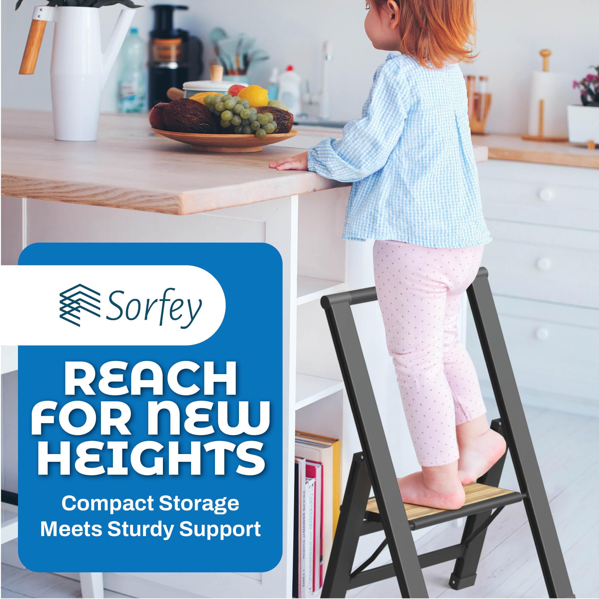 Sorfey Premium Folding 3 Step Ladder for Adults - Heavy Duty Silver Aluminum Step Stool Ladder with Gray Wood  - Very Good