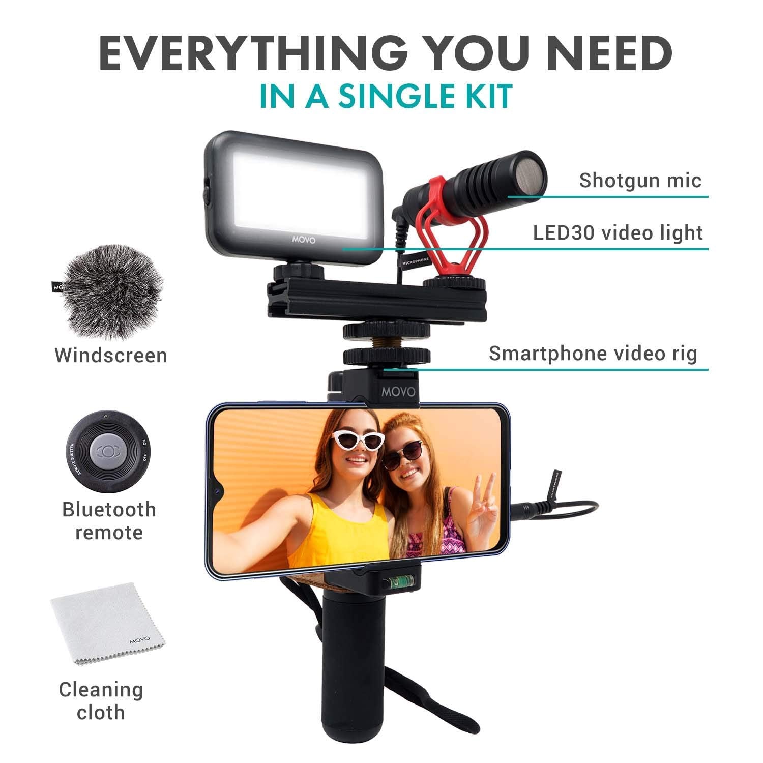 Movo Smartphone Video Kit V1 Vlogging Kit with Grip Rig, Shotgun Microphone, LED Light and Wireless Remote - YouTube Equipment Compatible with iPhone, Android Samsung Galaxy, Note - Vlogging Equipment  - Good