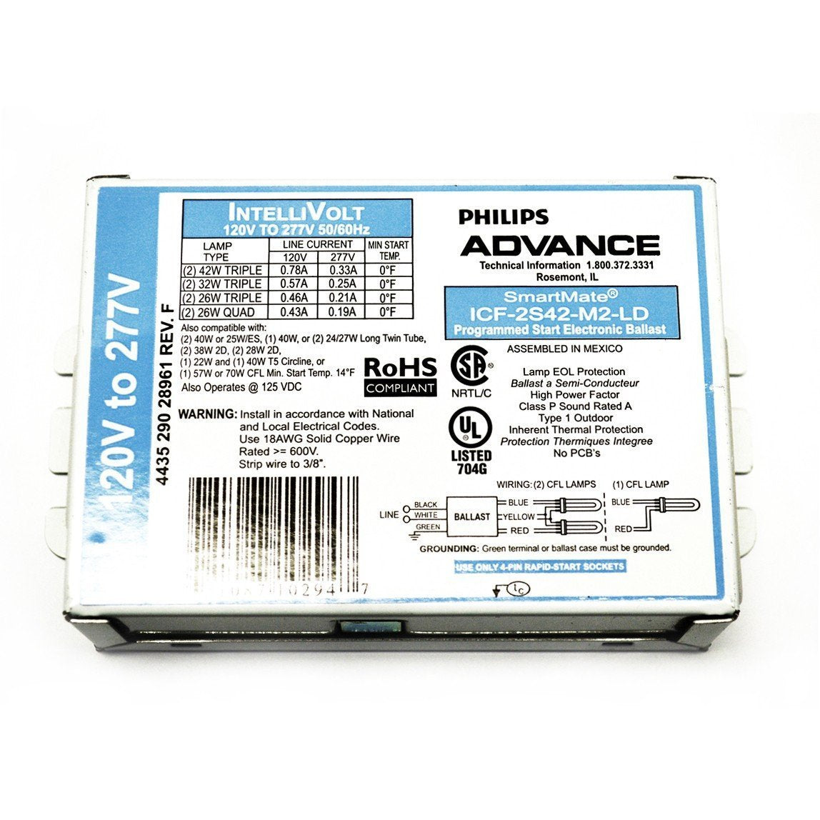 Philips Advance ICF-2S42-M2-LD-K CFL Ballast, Electronic, 93W, 120/277V Lighting, Black  - Very Good