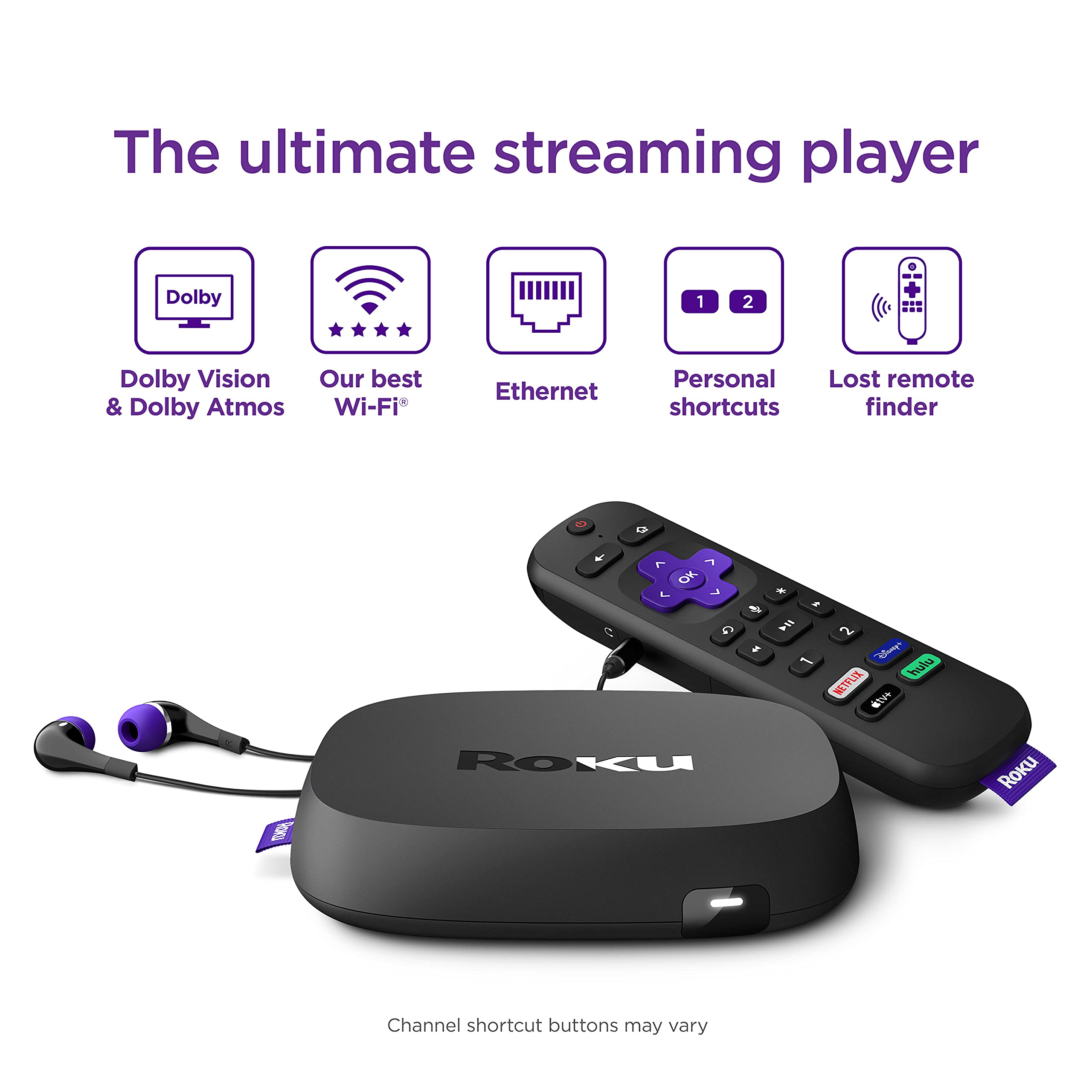 Roku Ultra | Streaming Device HD/4K/HDR/Dolby Vision with Dolby Atmos, Bluetooth Streaming, and Roku Voice Remote with Headphone Jack and Personal Shortcuts, includes Premium HDMI� Cable