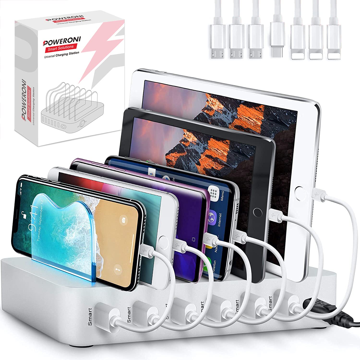 Poweroni USB Charging Dock - 6-Port - Fast Charging Station for Multiple Devices Apple - Multi Phone Charger Station - Charging Station - for Apple iPad iPhone and Android Cell Phone and Tablet