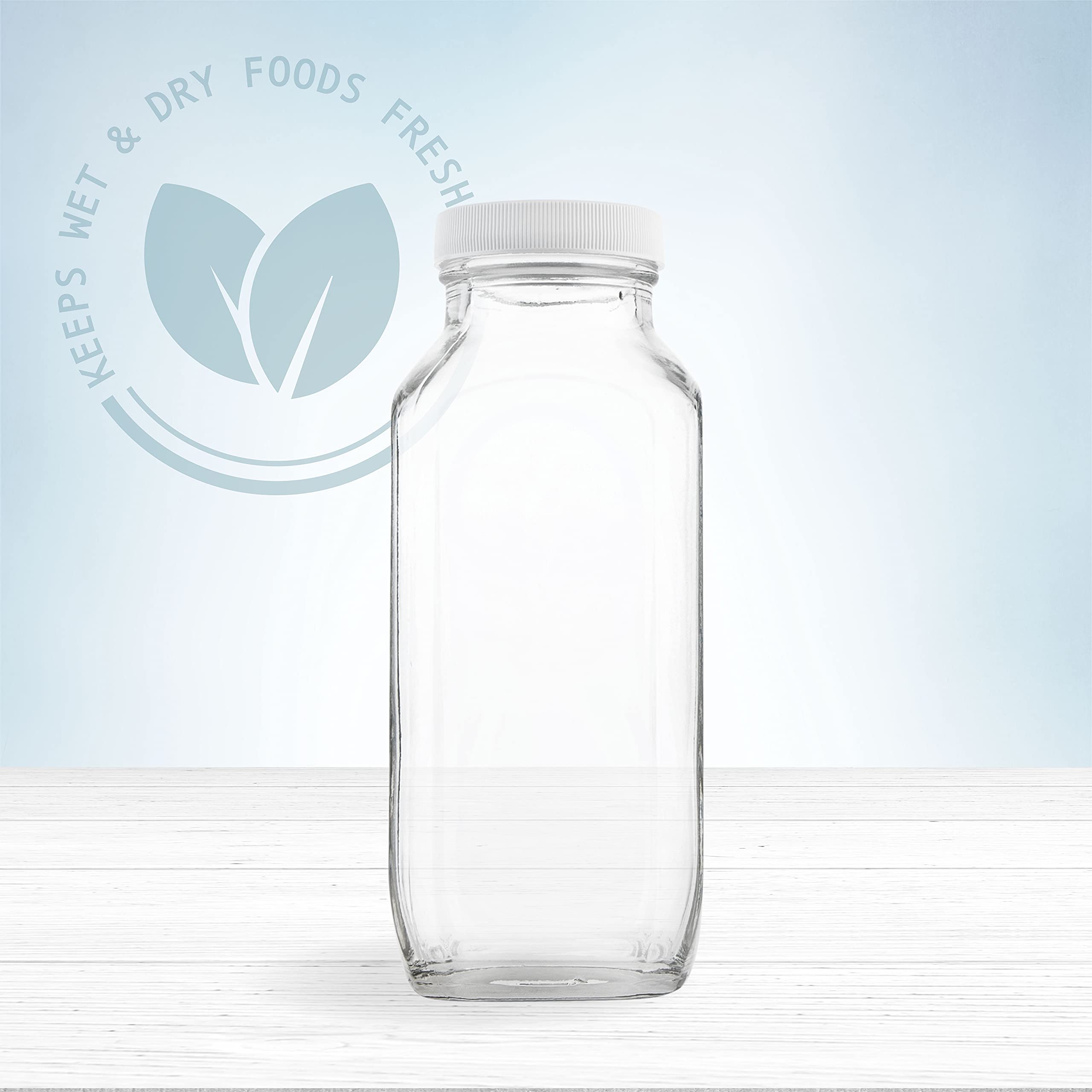 kitchentoolz 16oz Square Glass Milk Bottle with Plastic Airtight Lids - Vintage Reusable Dairy Drinking Jars Containers for Milk, Yogurt, Smoothies, Kefir, Kombucha, and Water- Pack of 2  - Very Good