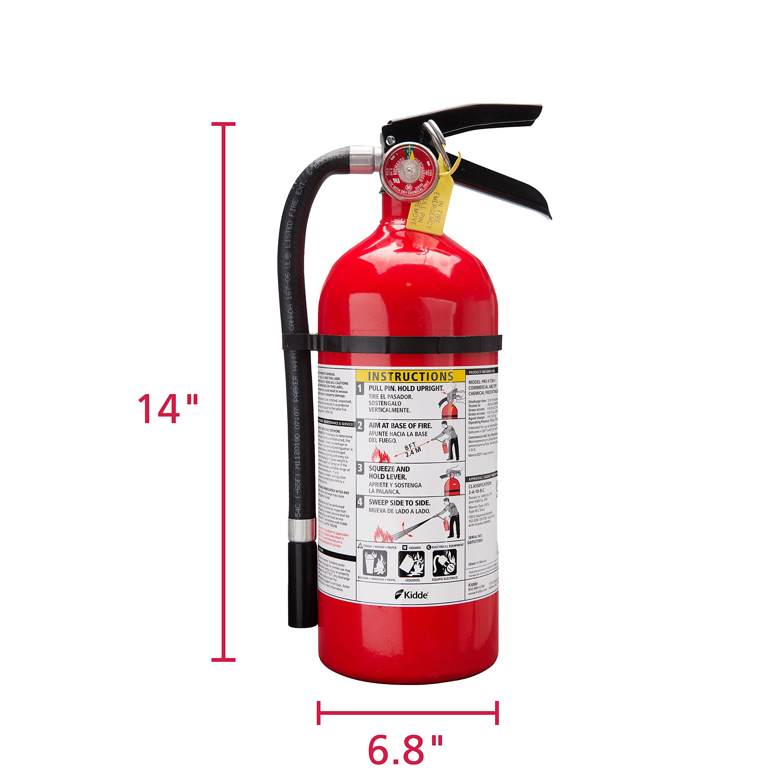 Kidde Pro 210 2A:10-B:C Fire Extinguisher, Rechargeable, Multi-Purpose for Home & Office, 4 lbs., Mounting Bracket Included , Red