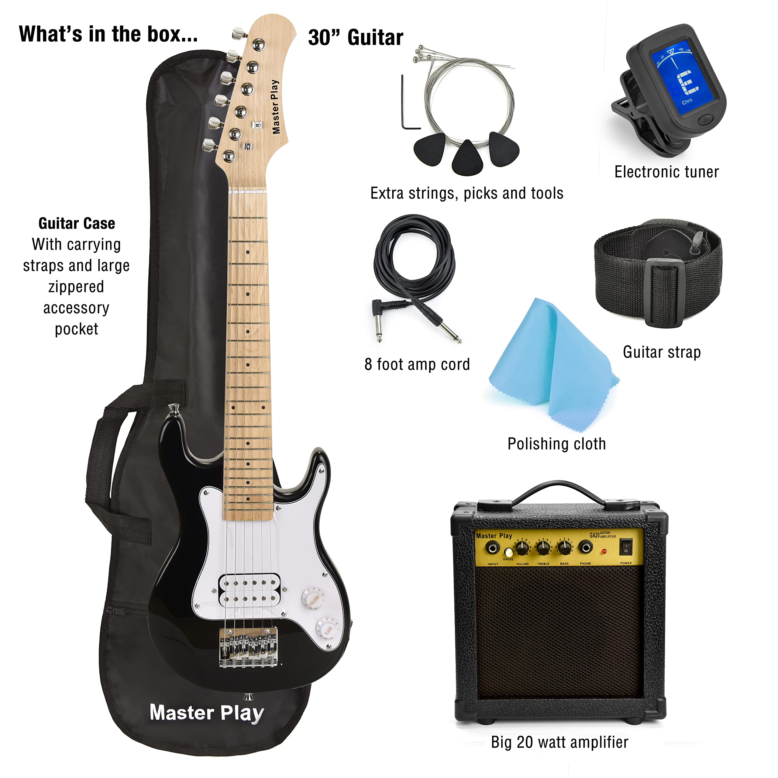 Master Play 30 Inch Electric Guitar,For Kids/beginner With Complete Starter Kit, 20 Watt Amp, 6 Extra String, Picks, Gig Bag, Shoulder Strap, Digital tuner, Cable, Wash Cloth  - Very Good